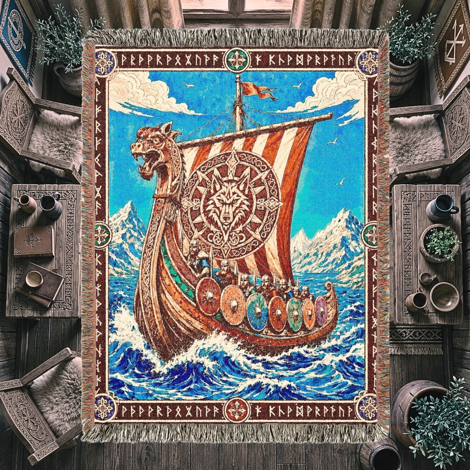 Viking Dragon Ship Woven Blanket – Norse Ocean Throw