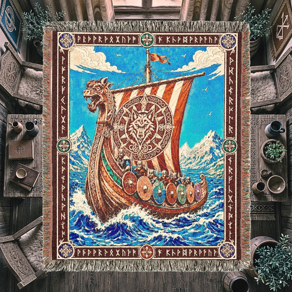 Viking Dragon Ship Woven Blanket – Norse Ocean Throw