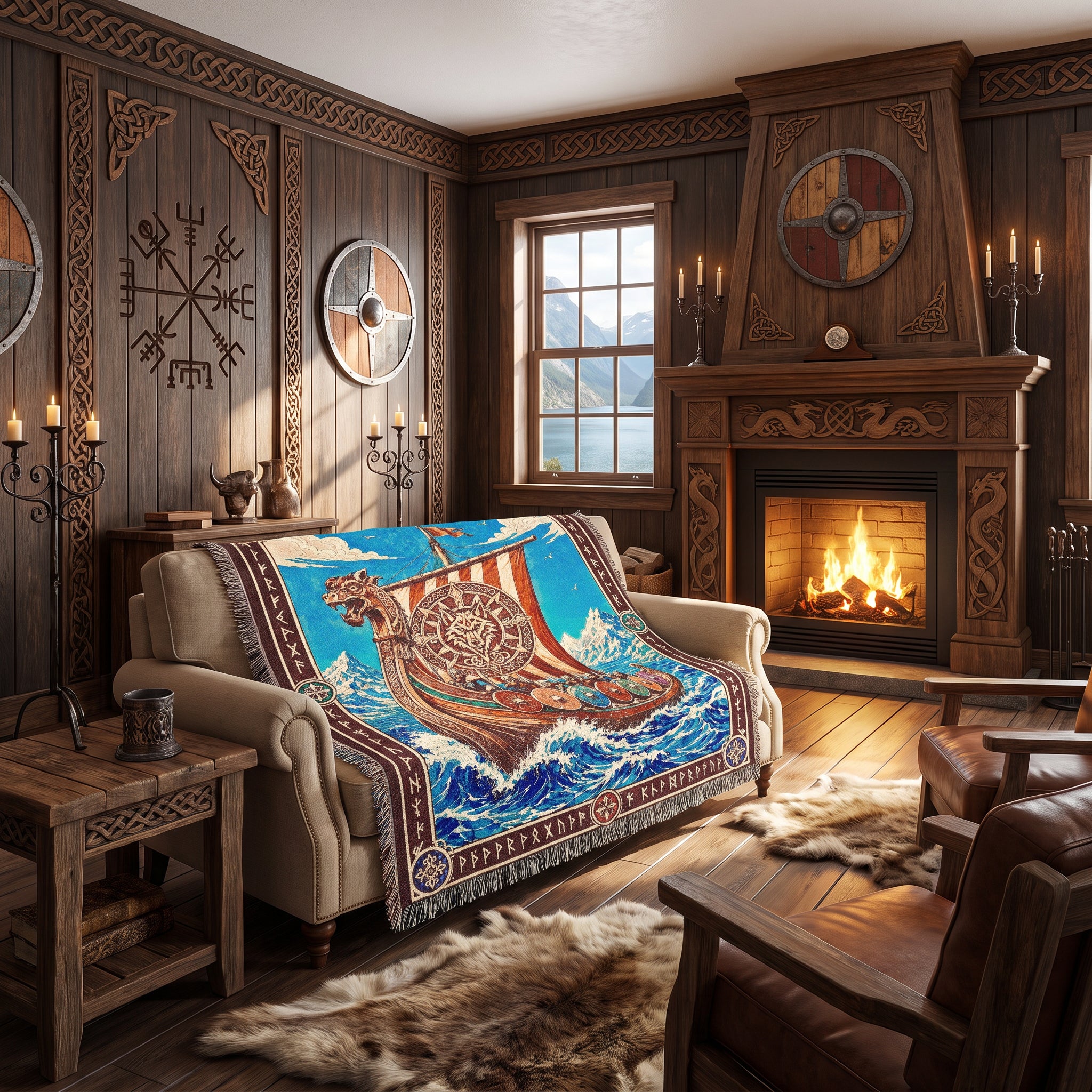 Viking Dragon Ship Woven Blanket – Norse Ocean Throw