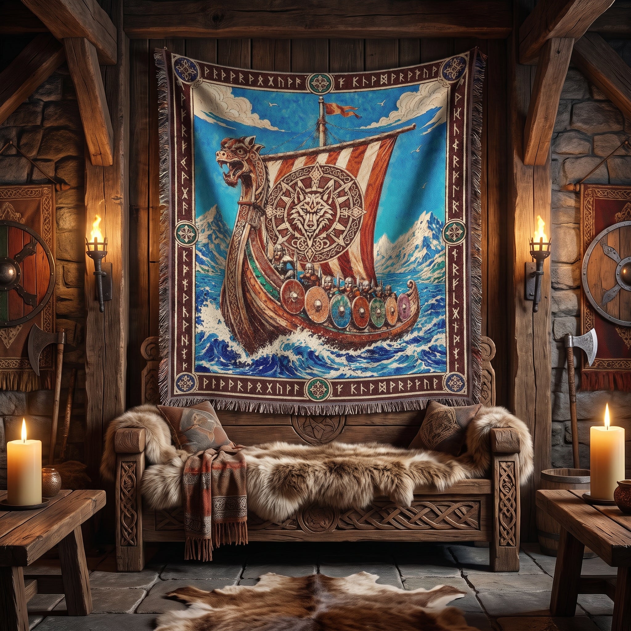 Viking Dragon Ship Woven Blanket – Norse Ocean Throw