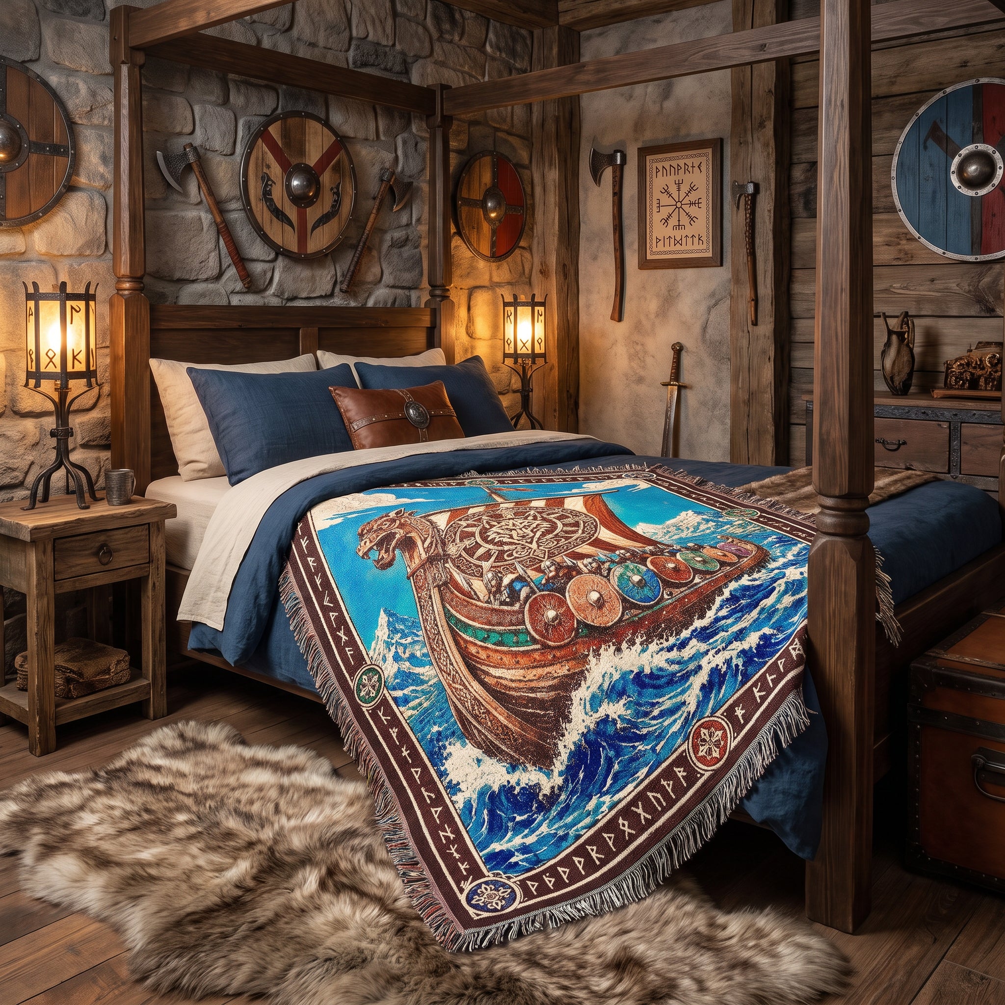 Viking Dragon Ship Woven Blanket – Norse Ocean Throw
