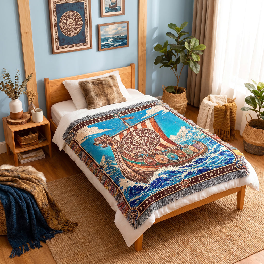 Viking Dragon Ship Woven Blanket – Norse Ocean Throw
