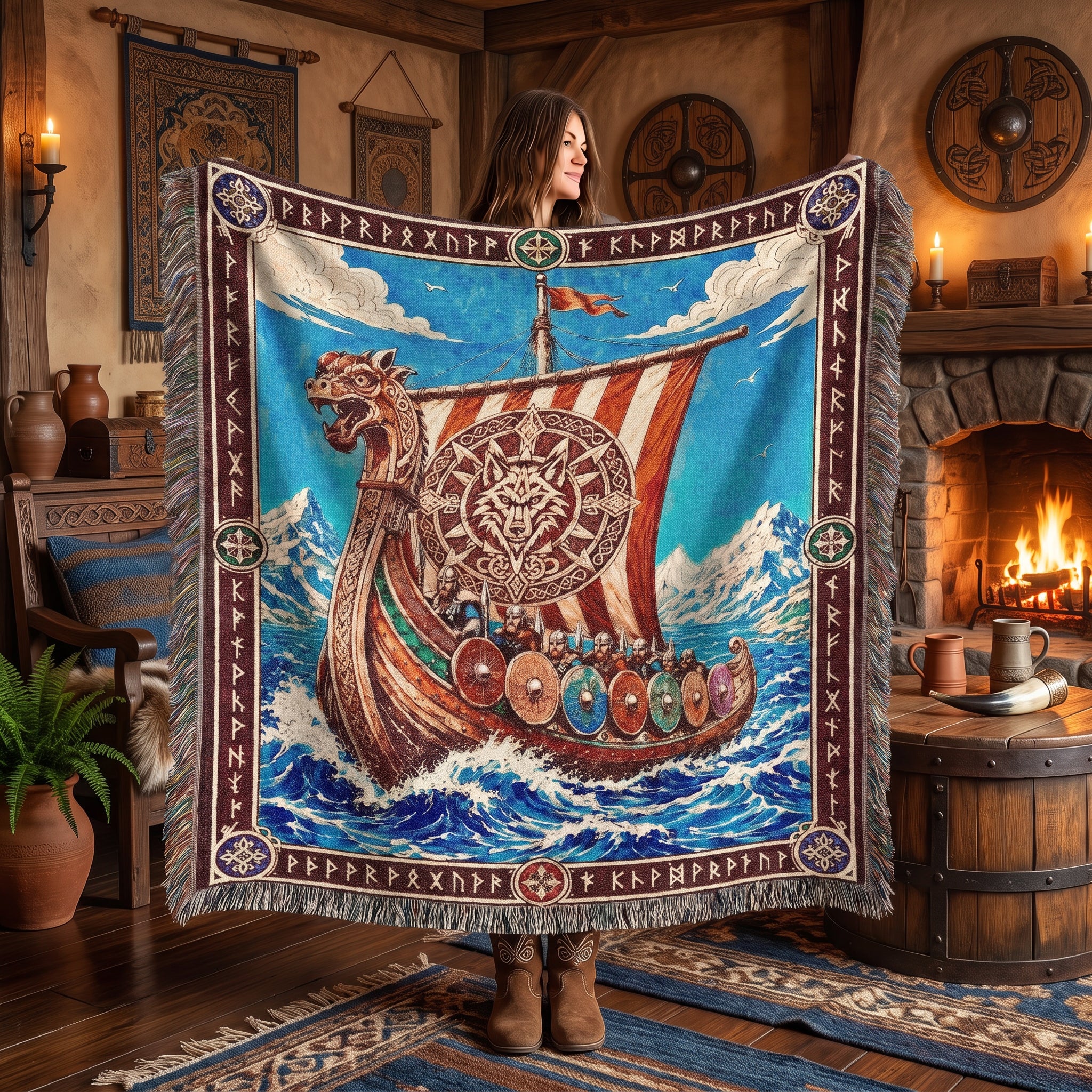 Viking Dragon Ship Woven Blanket – Norse Ocean Throw