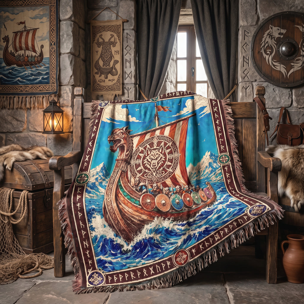 Viking Dragon Ship Woven Blanket – Norse Ocean Throw