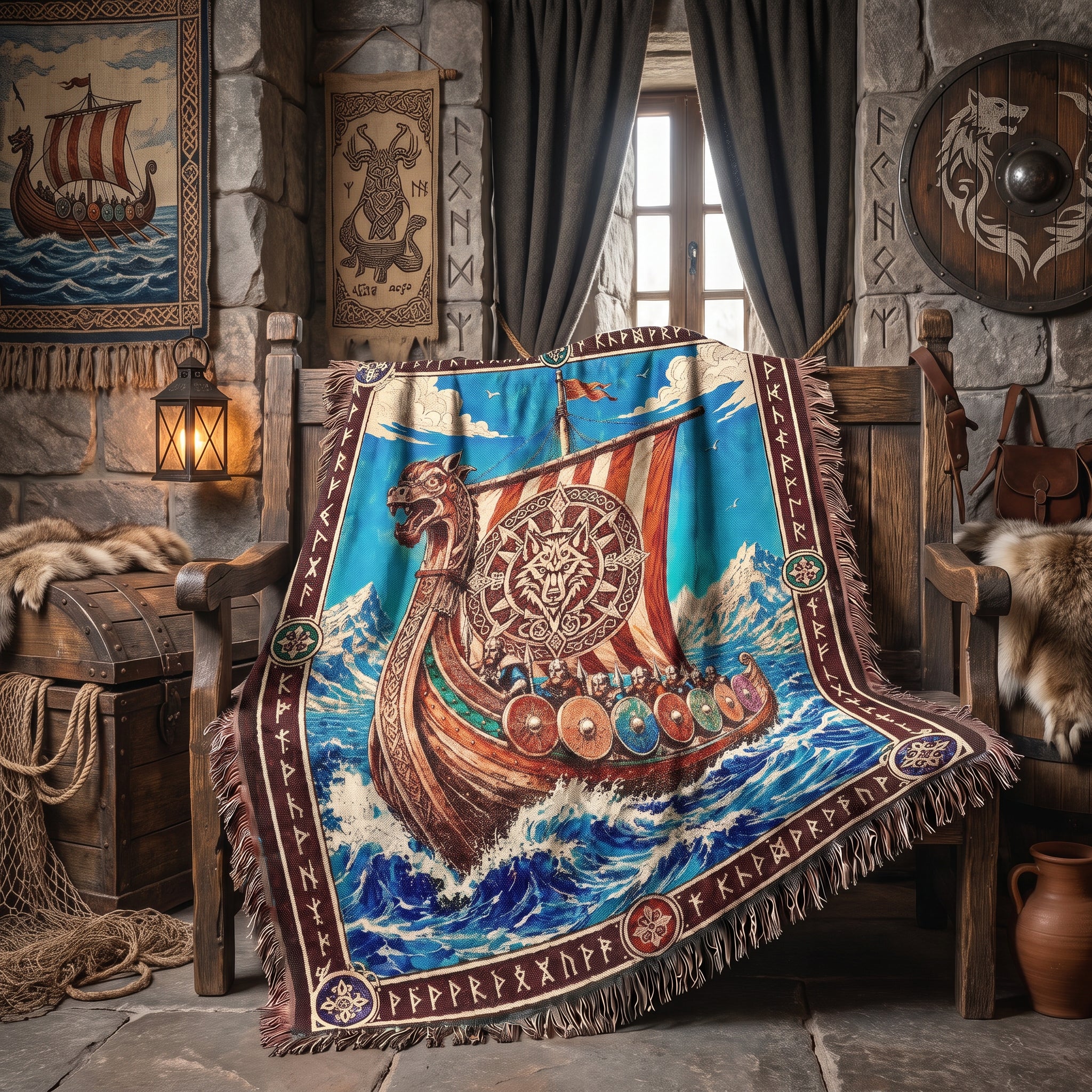 Viking Dragon Ship Woven Blanket – Norse Ocean Throw