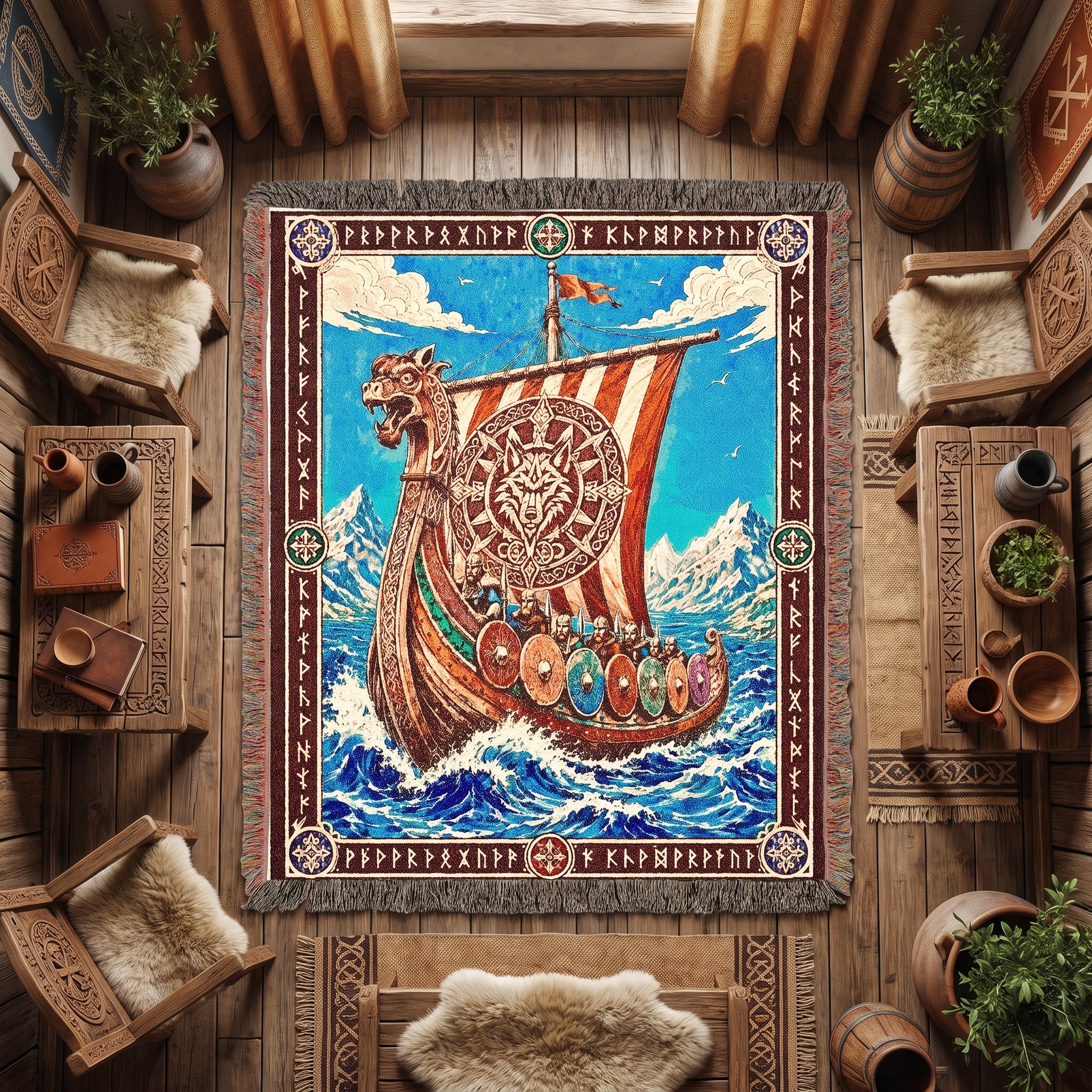Viking Dragon Ship Woven Blanket – Norse Ocean Throw