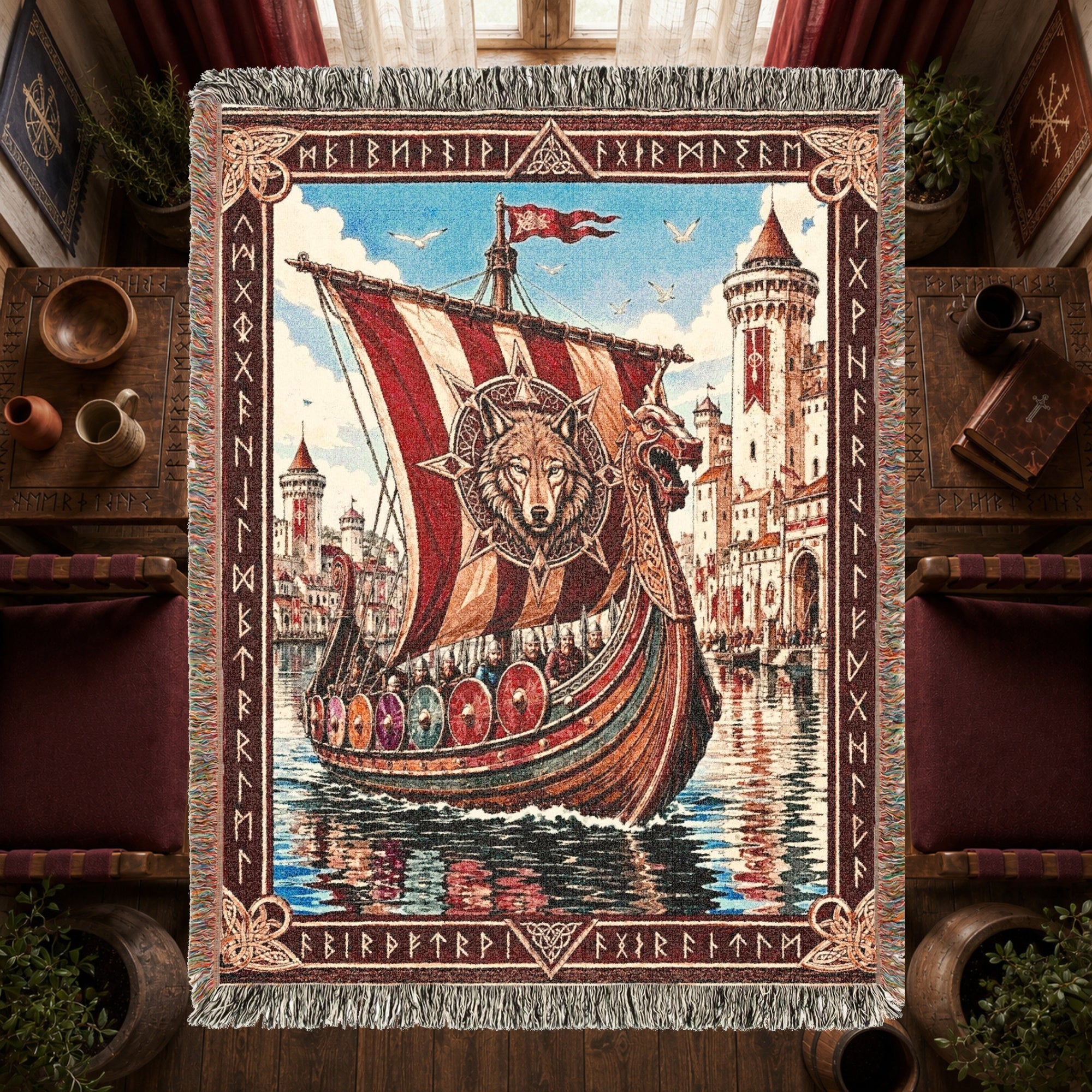 Viking Castle Ship Woven Blanket – Norse River Throw