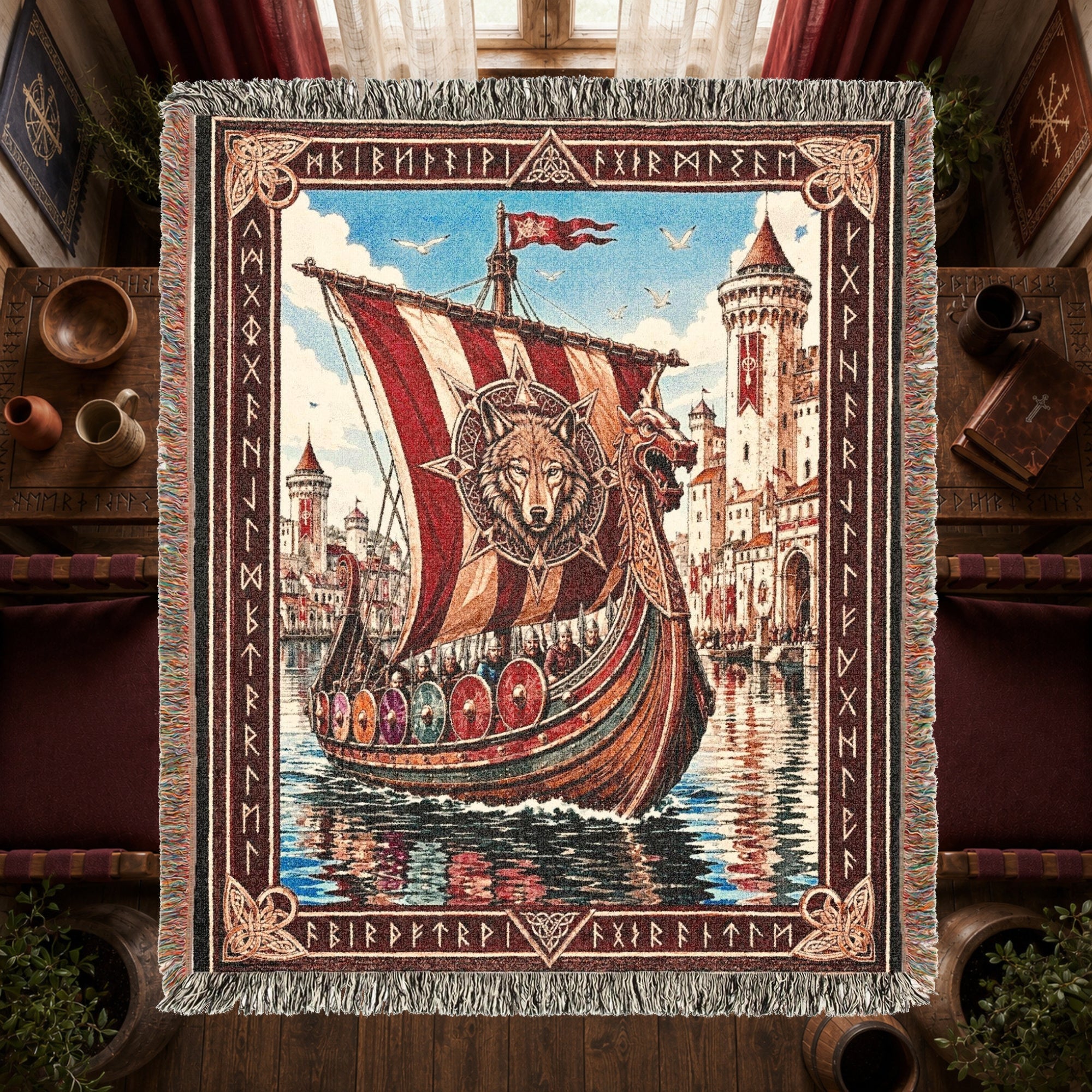 Viking Castle Ship Woven Blanket – Norse River Throw