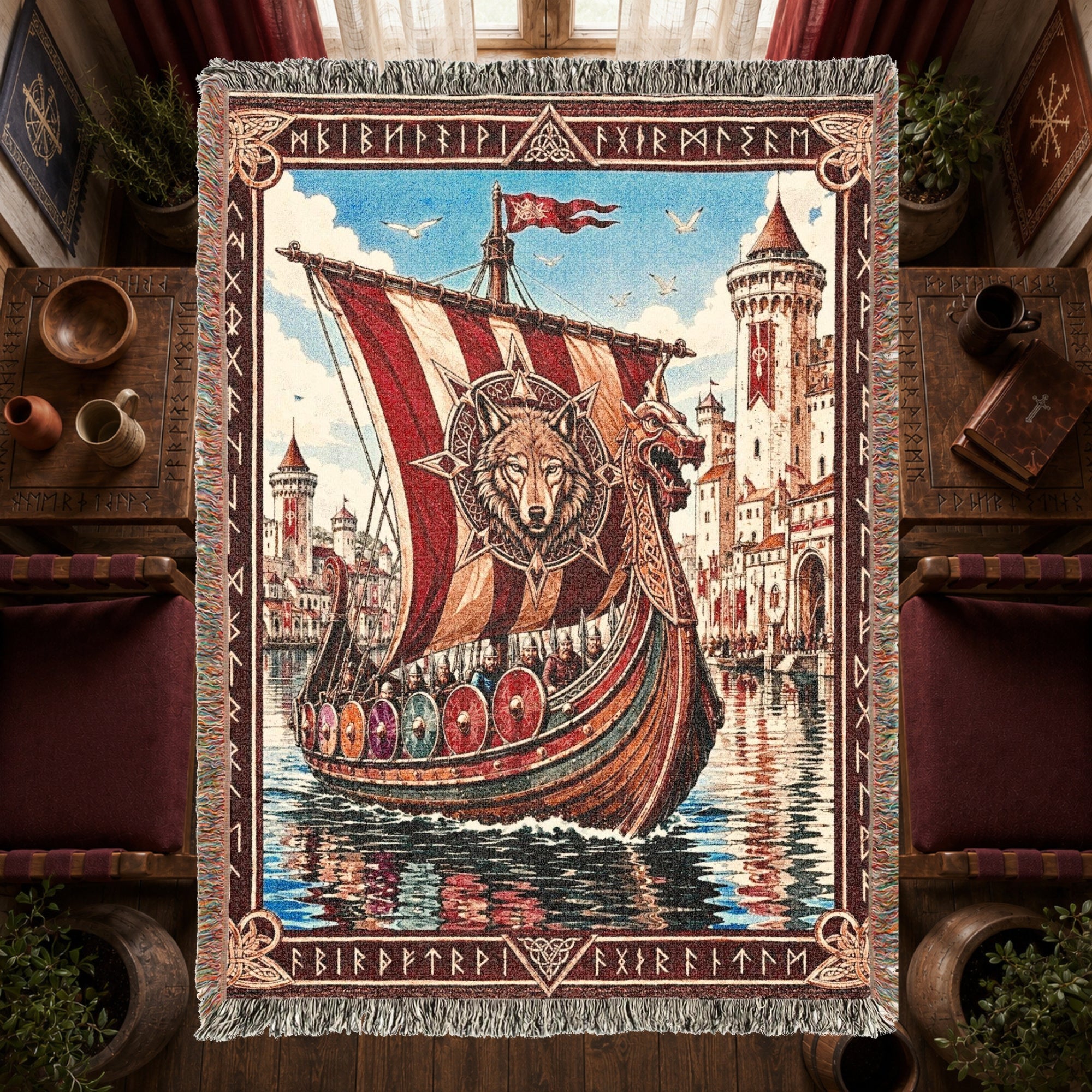 Viking Castle Ship Woven Blanket – Norse River Throw