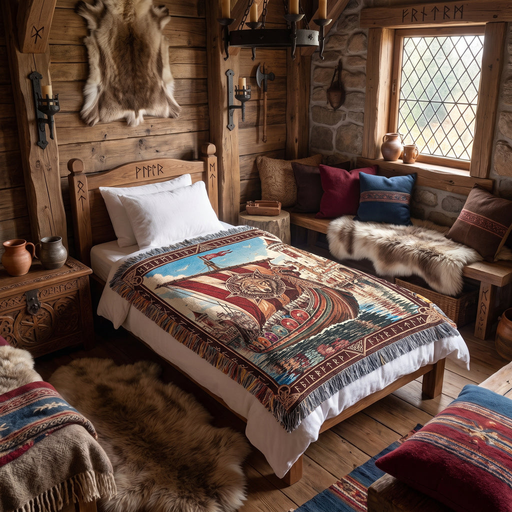 Viking Castle Ship Woven Blanket – Norse River Throw