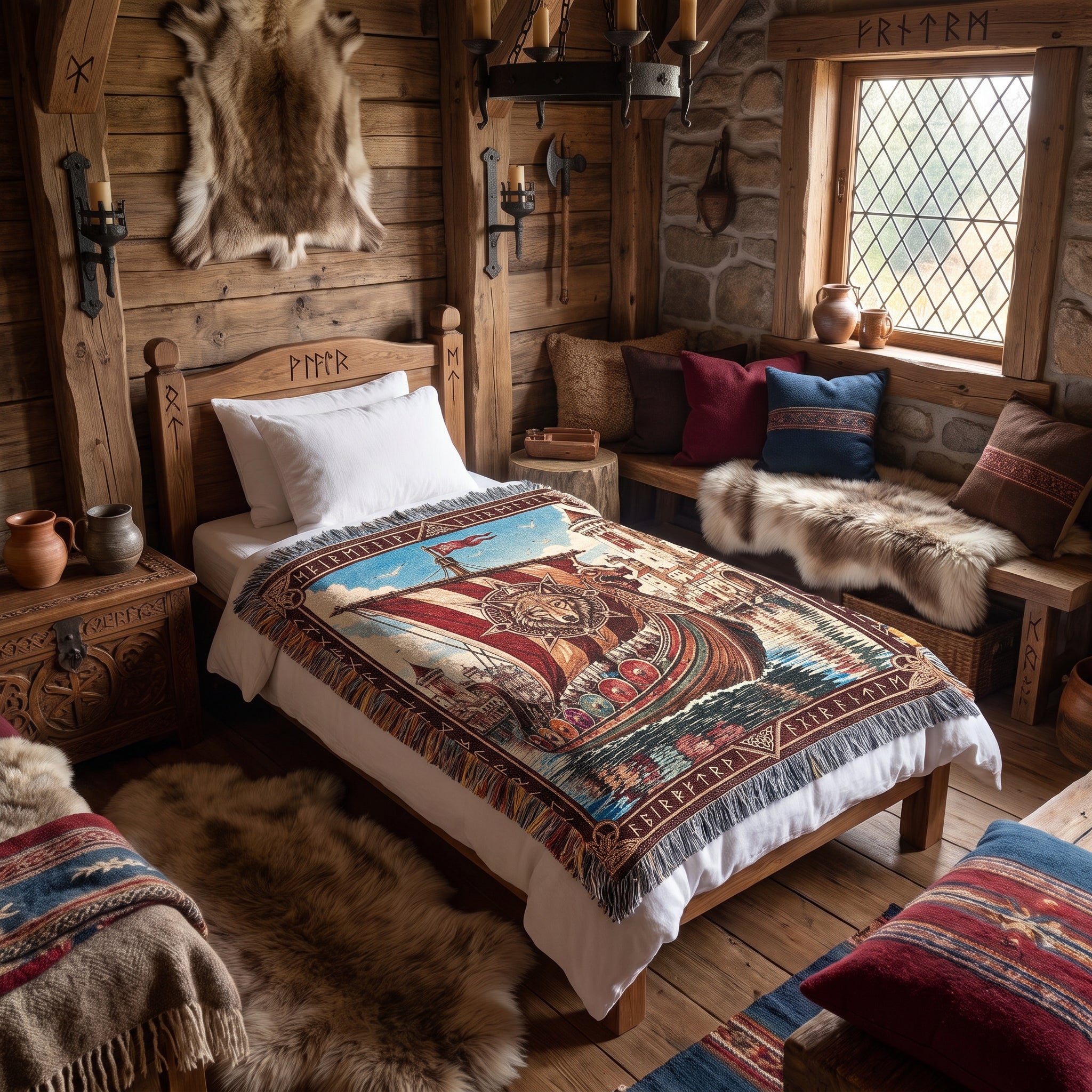 Viking Castle Ship Woven Blanket – Norse River Throw