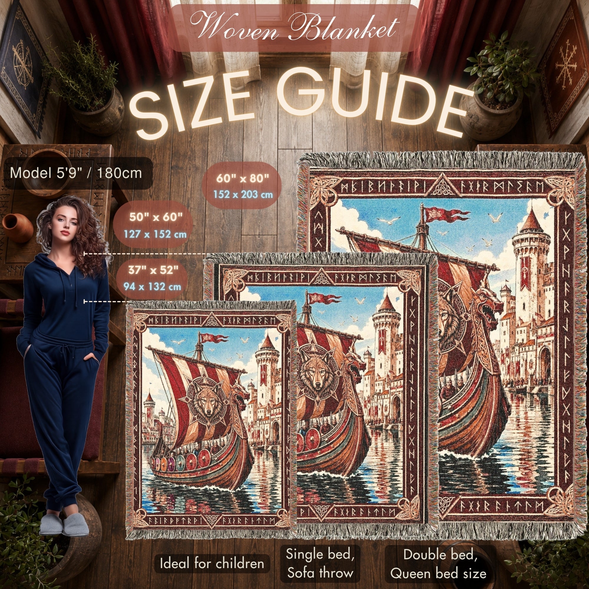 Viking Castle Ship Woven Blanket – Norse River Throw