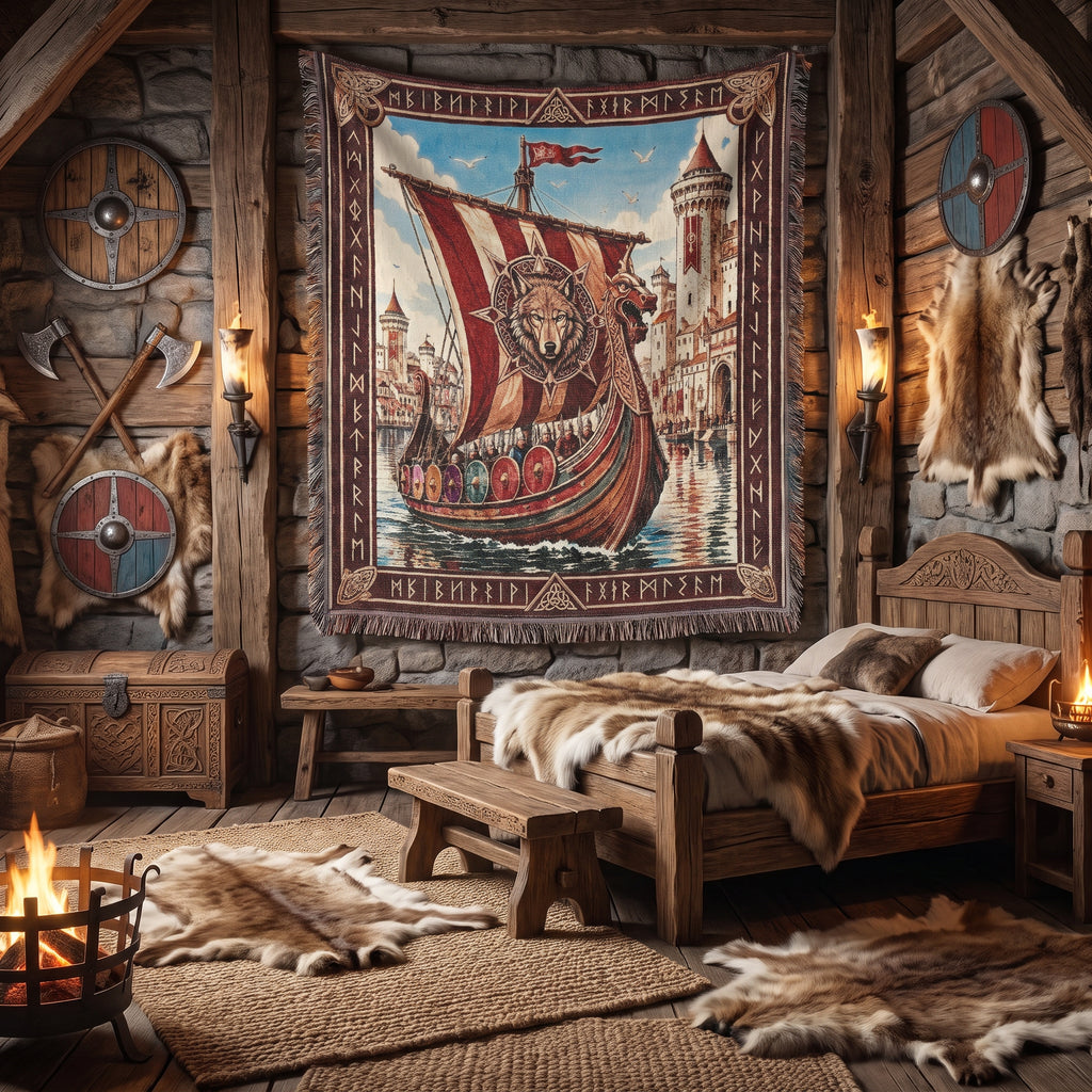 Viking Castle Ship Woven Blanket – Norse River Throw