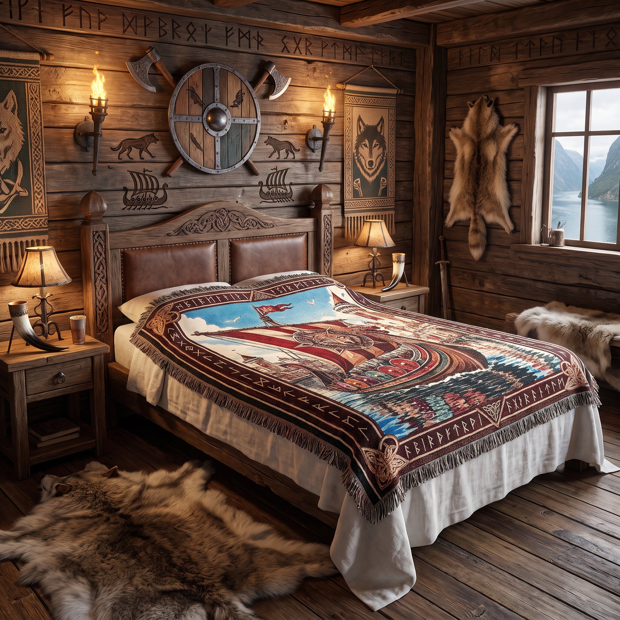 Viking Castle Ship Woven Blanket – Norse River Throw