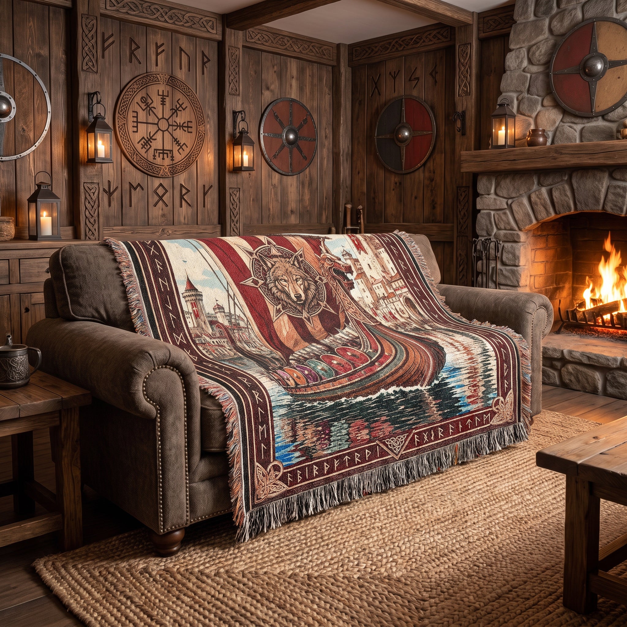 Viking Castle Ship Woven Blanket – Norse River Throw