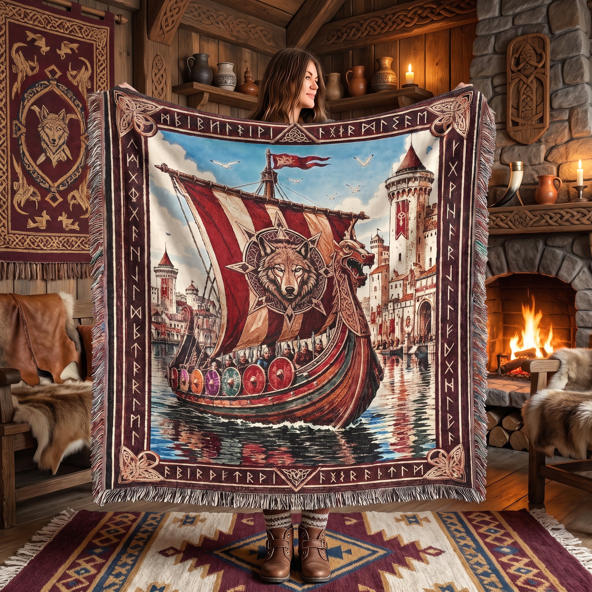 Viking Castle Ship Woven Blanket – Norse River Throw
