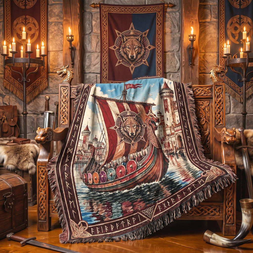Viking Castle Ship Woven Blanket – Norse River Throw