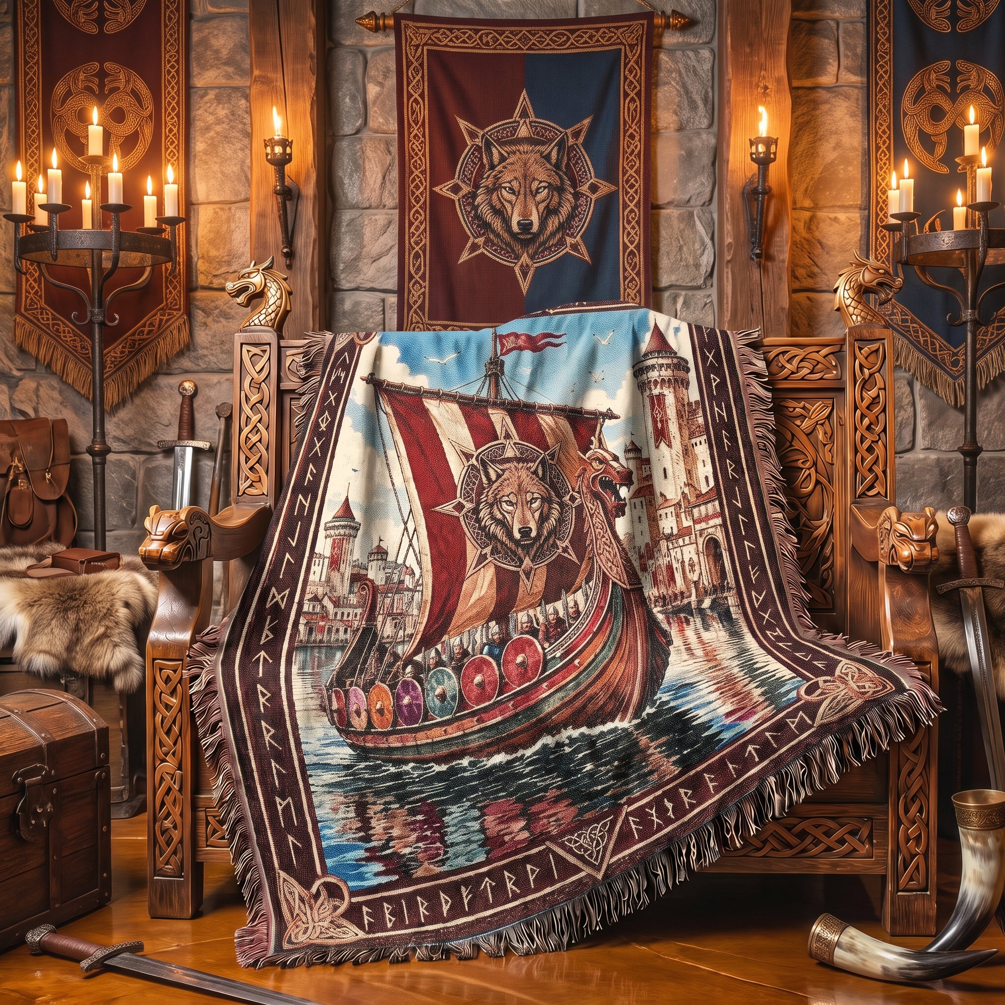 Viking Castle Ship Woven Blanket – Norse River Throw