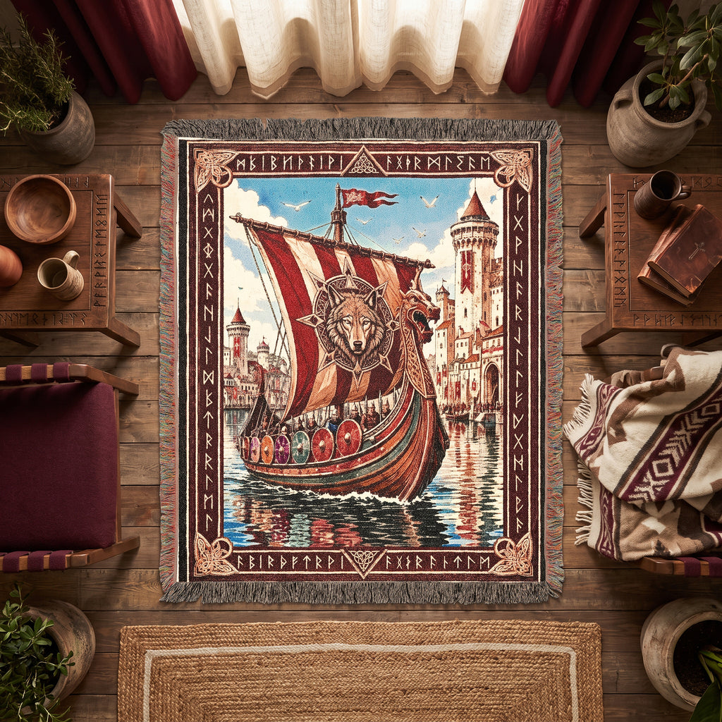 Viking Castle Ship Woven Blanket – Norse River Throw