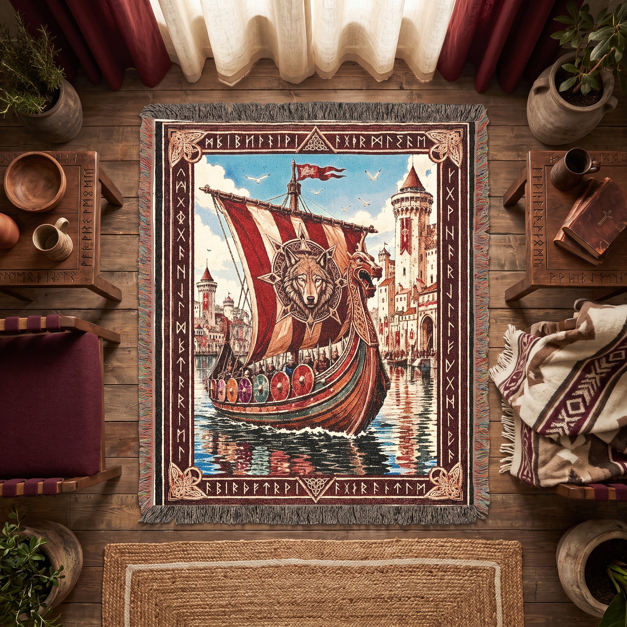 Viking Castle Ship Woven Blanket – Norse River Throw