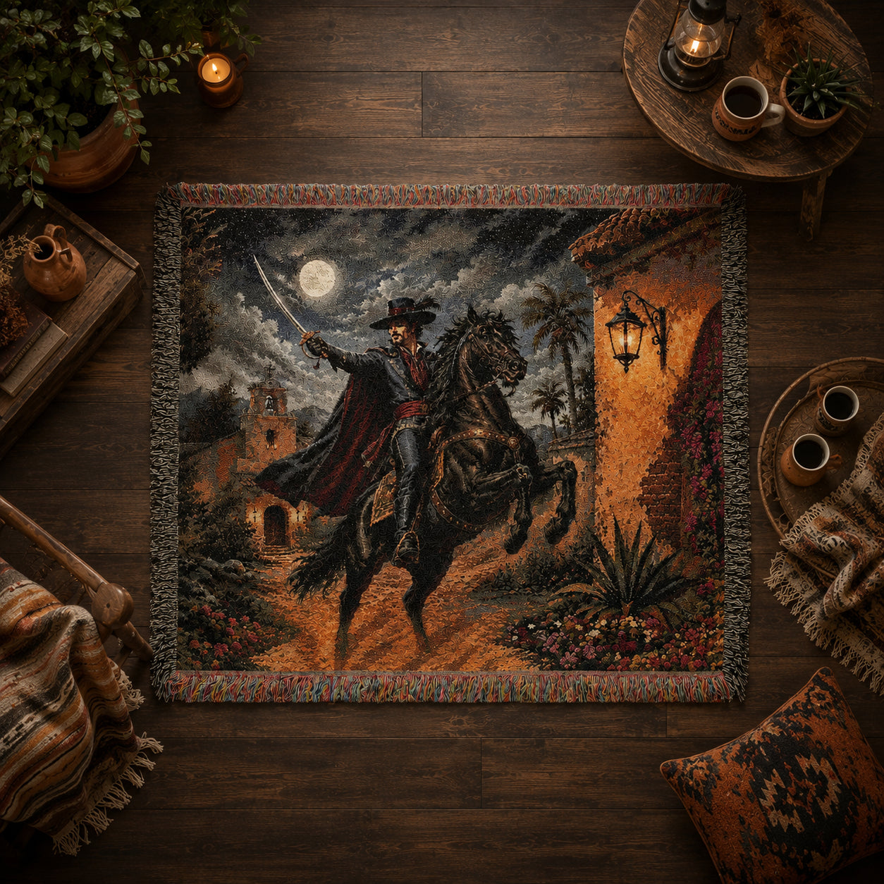 Dark Caballero Woven Blanket – Spanish Swordsman Horseman Throw