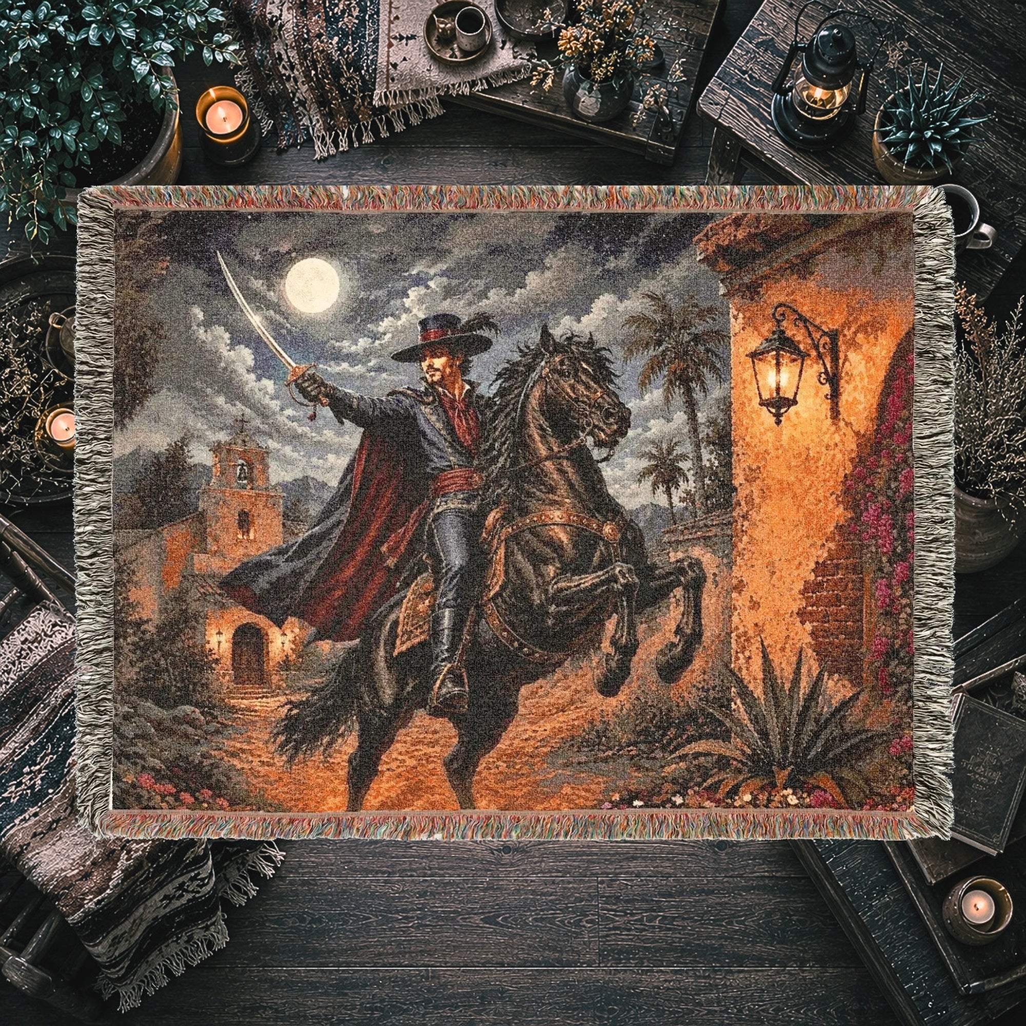 Dark Caballero Woven Blanket – Spanish Swordsman Horseman Throw