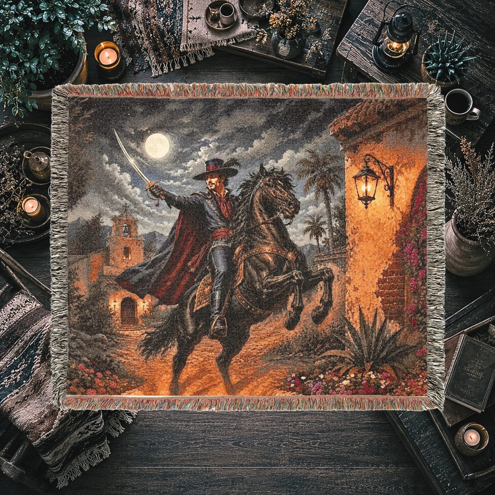 Dark Caballero Woven Blanket – Spanish Swordsman Horseman Throw