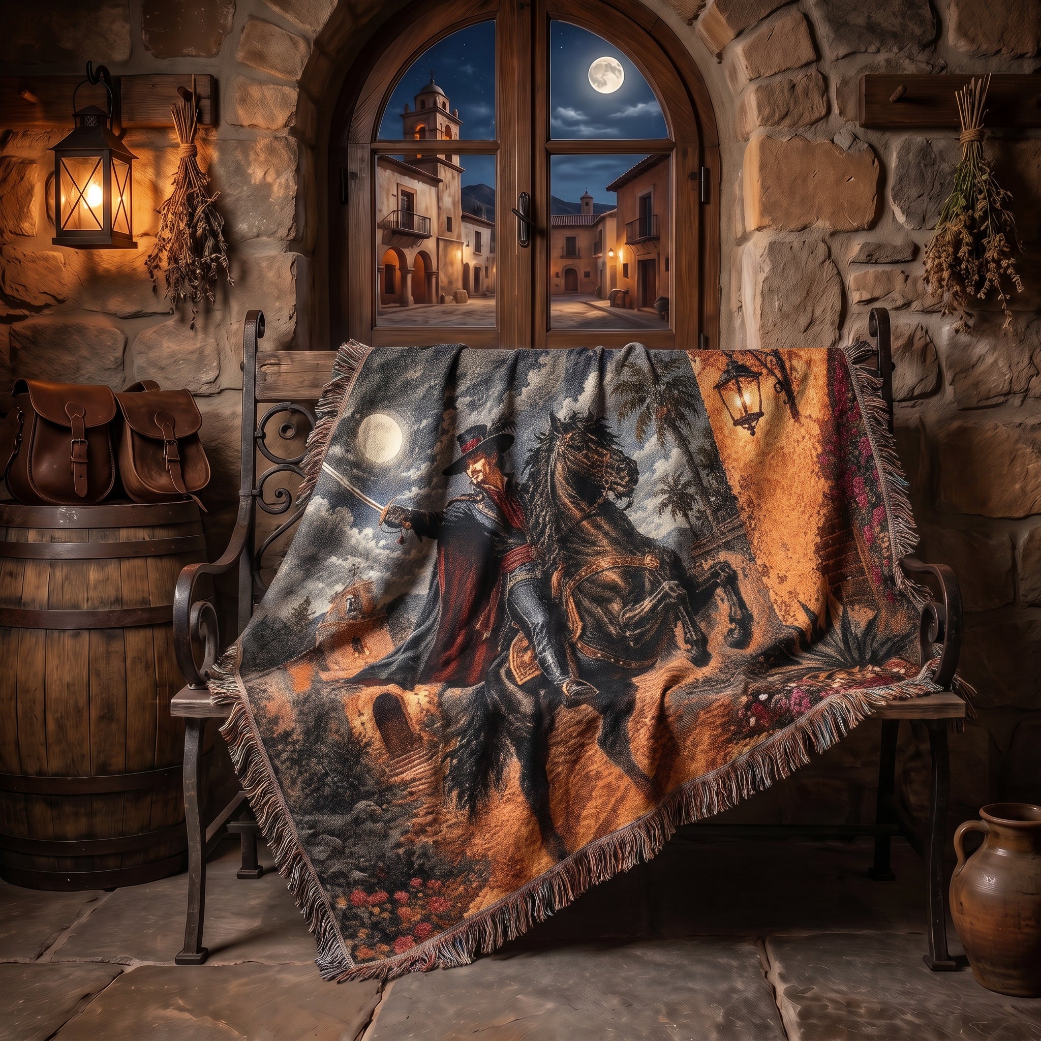 Dark Caballero Woven Blanket – Spanish Swordsman Horseman Throw