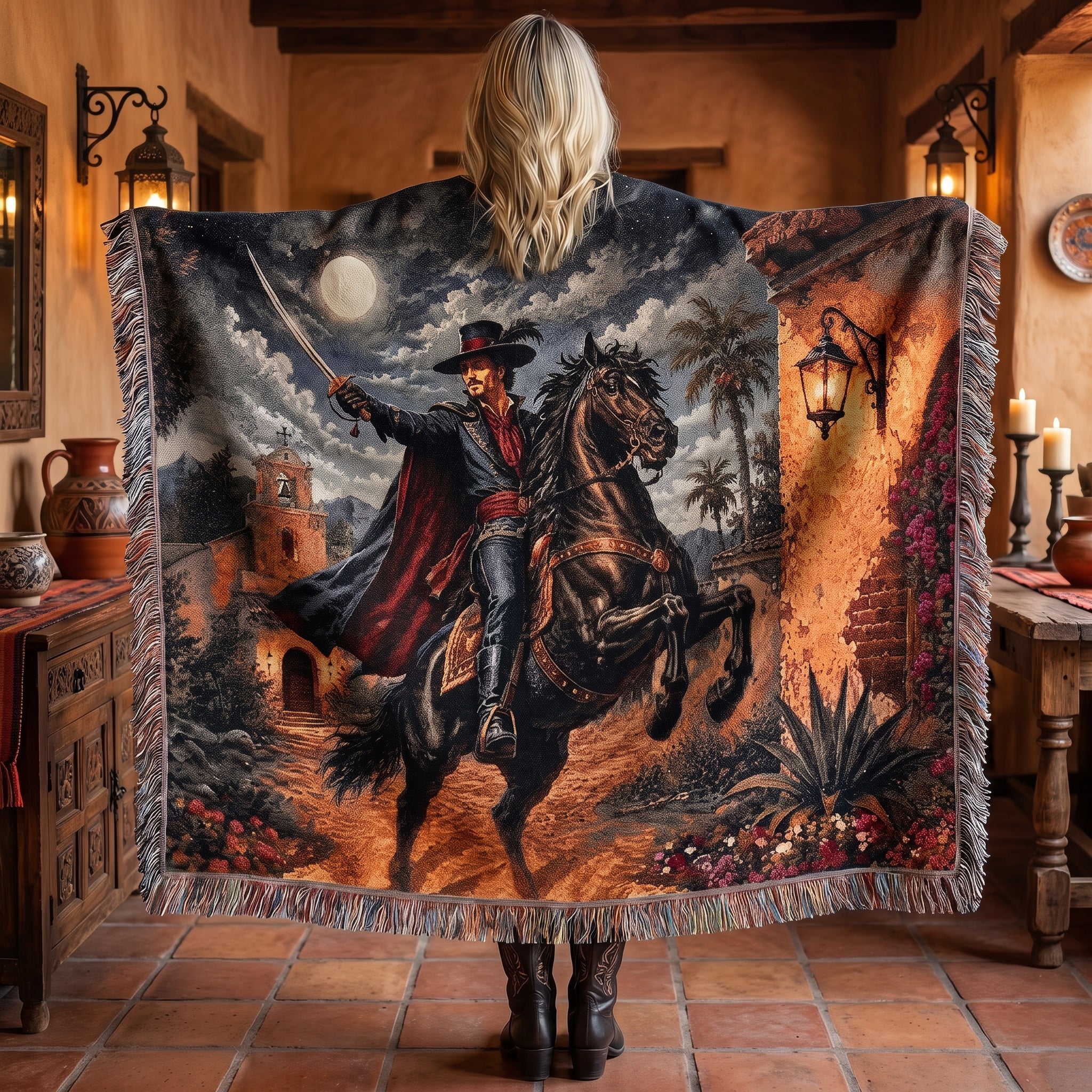 Dark Caballero Woven Blanket – Spanish Swordsman Horseman Throw