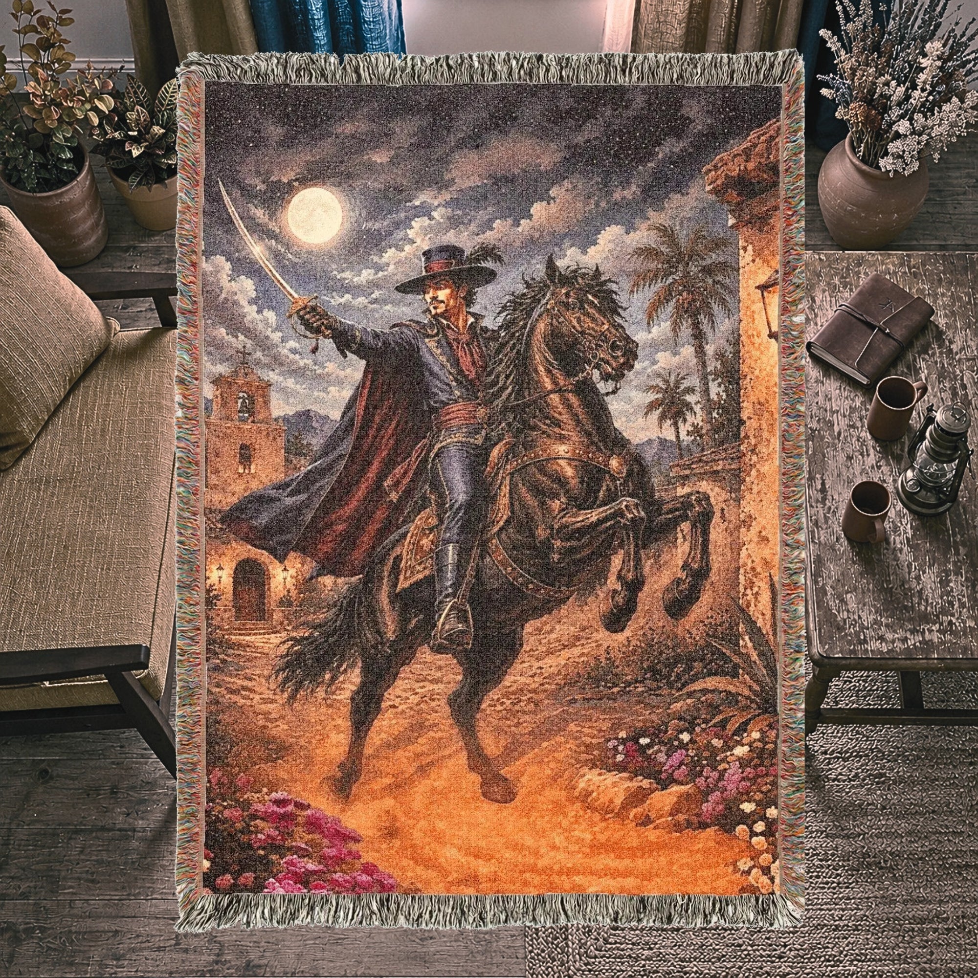 Dark Caballero Portrait Woven Blanket – Spanish Horseman Throw
