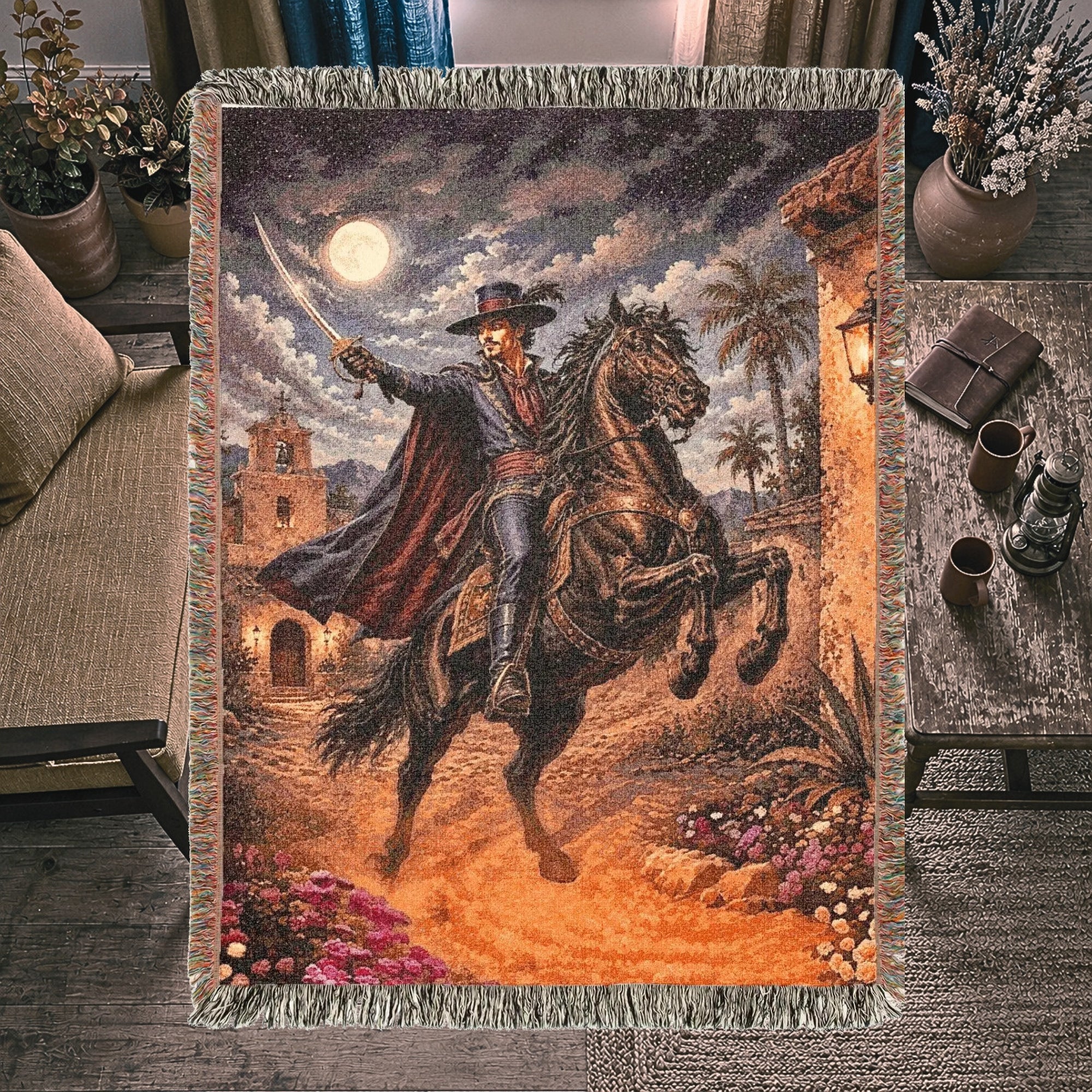 Dark Caballero Portrait Woven Blanket – Spanish Horseman Throw