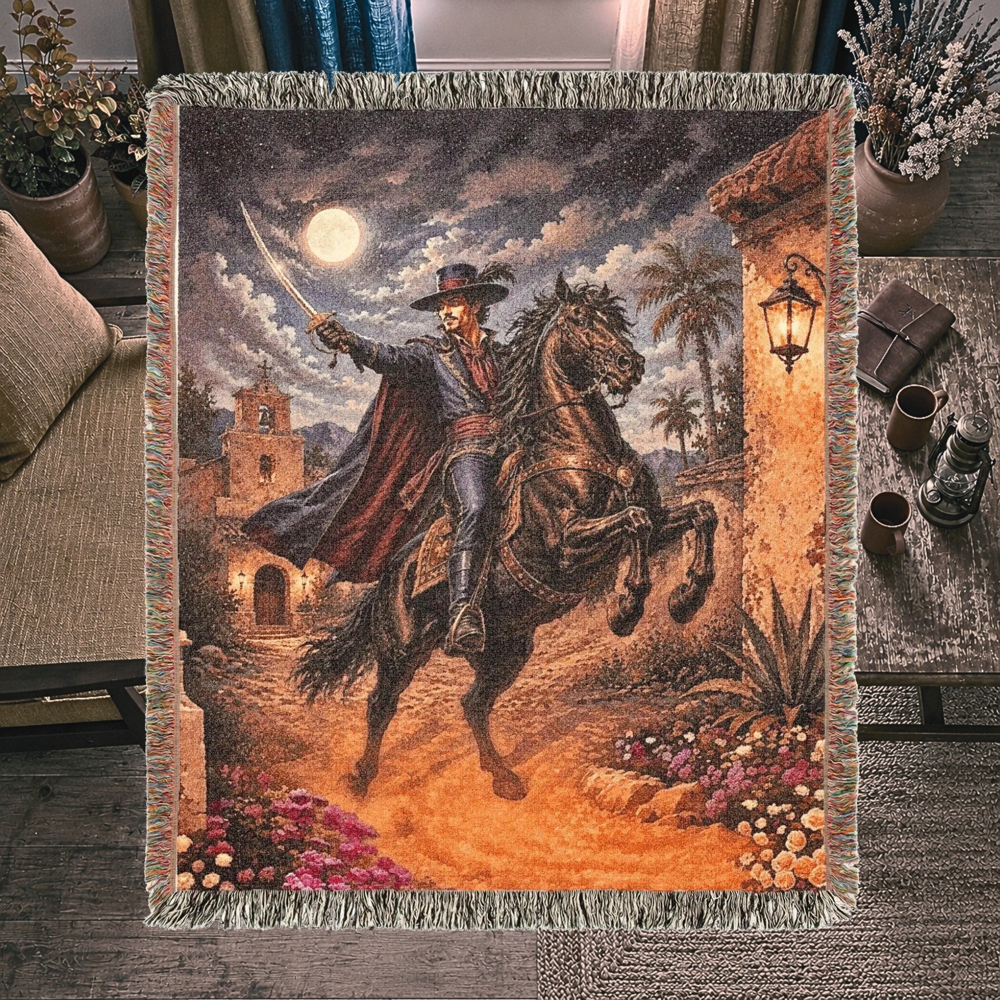 Dark Caballero Portrait Woven Blanket – Spanish Horseman Throw