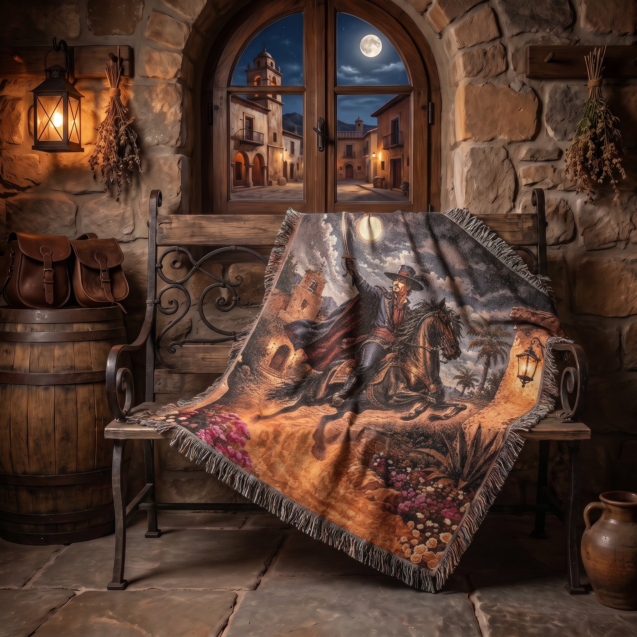 Dark Caballero Portrait Woven Blanket – Spanish Horseman Throw