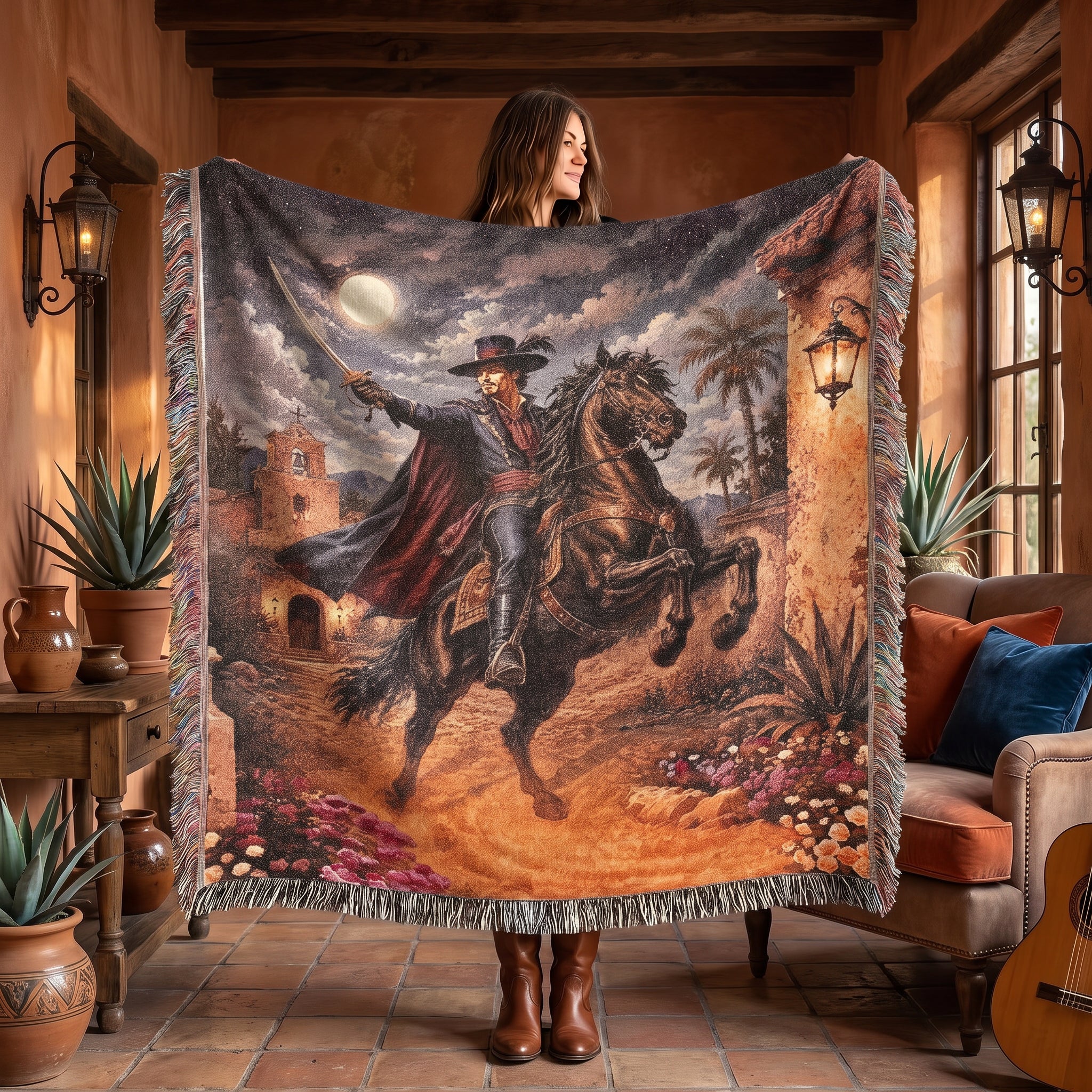 Dark Caballero Portrait Woven Blanket – Spanish Horseman Throw
