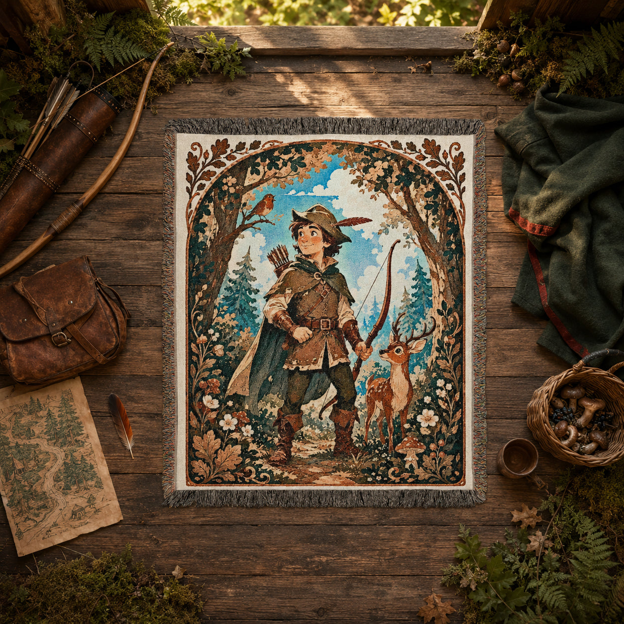 Robin Hood Woodland Woven Blanket – Storybook Forest Fantasy Throw