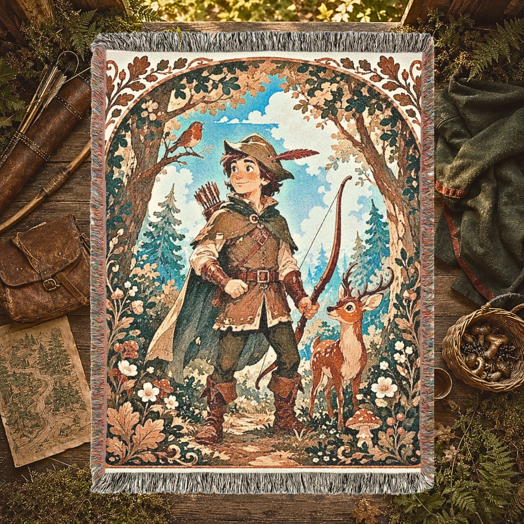 Robin Hood Woodland Woven Blanket – Storybook Forest Fantasy Throw