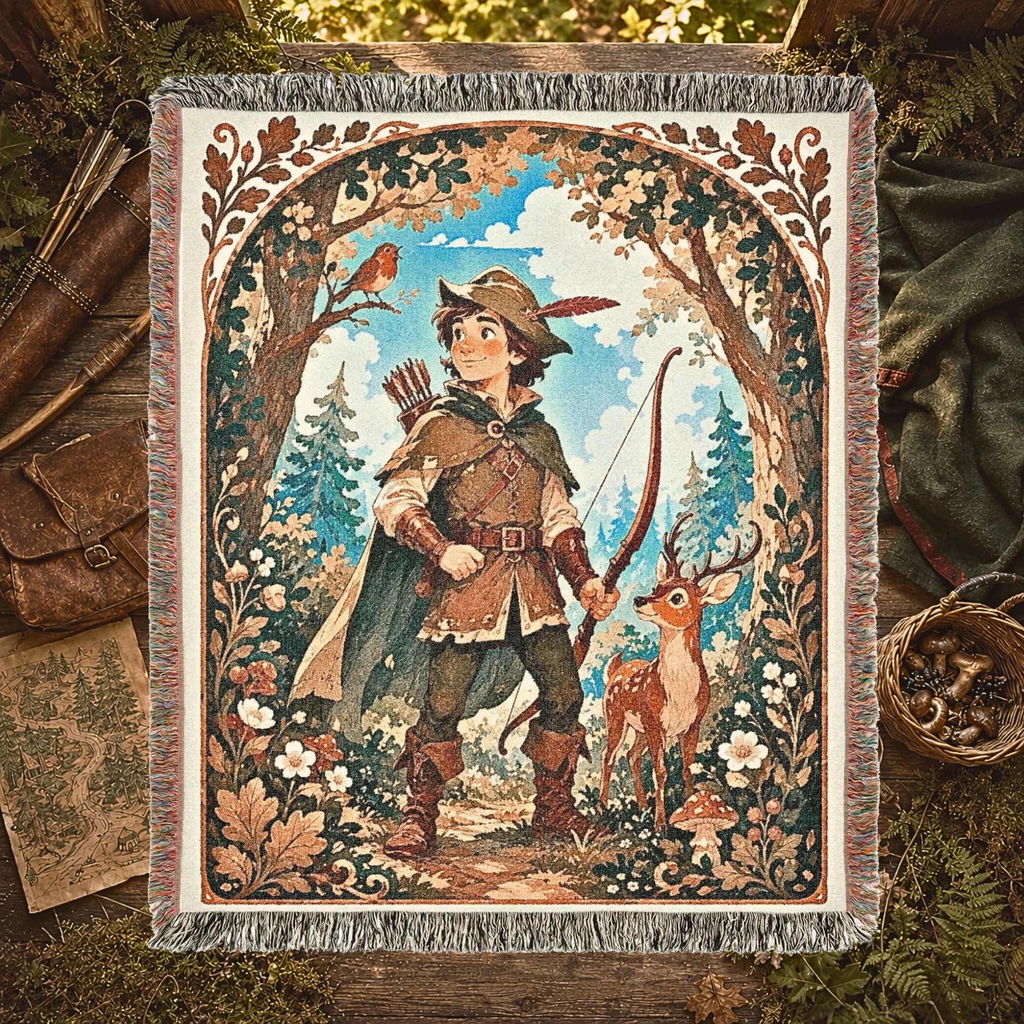 Robin Hood Woodland Woven Blanket – Storybook Forest Fantasy Throw