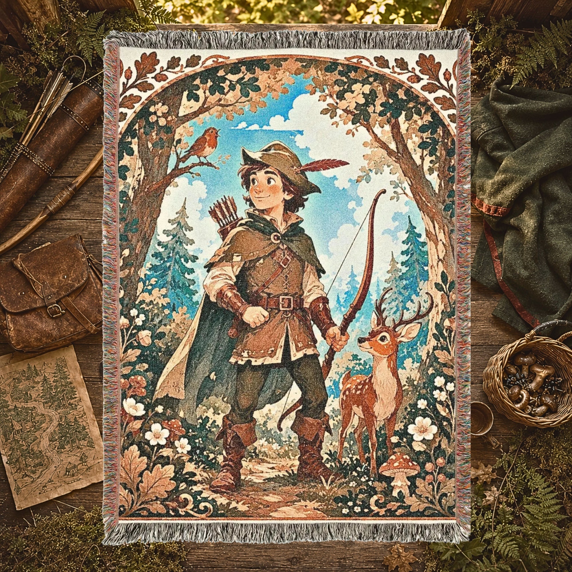 Robin Hood Woodland Woven Blanket – Storybook Forest Fantasy Throw