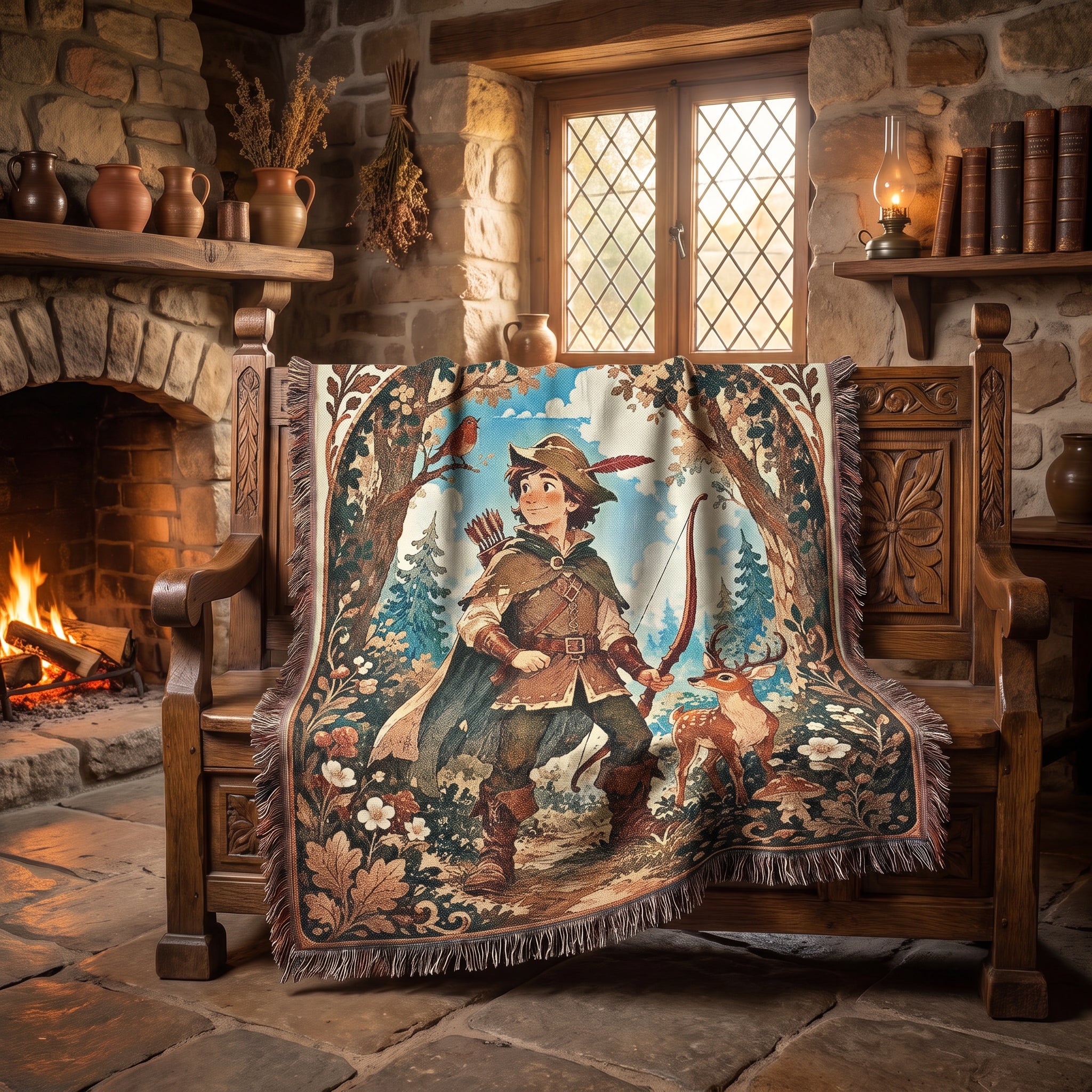 Robin Hood Woodland Woven Blanket – Storybook Forest Fantasy Throw