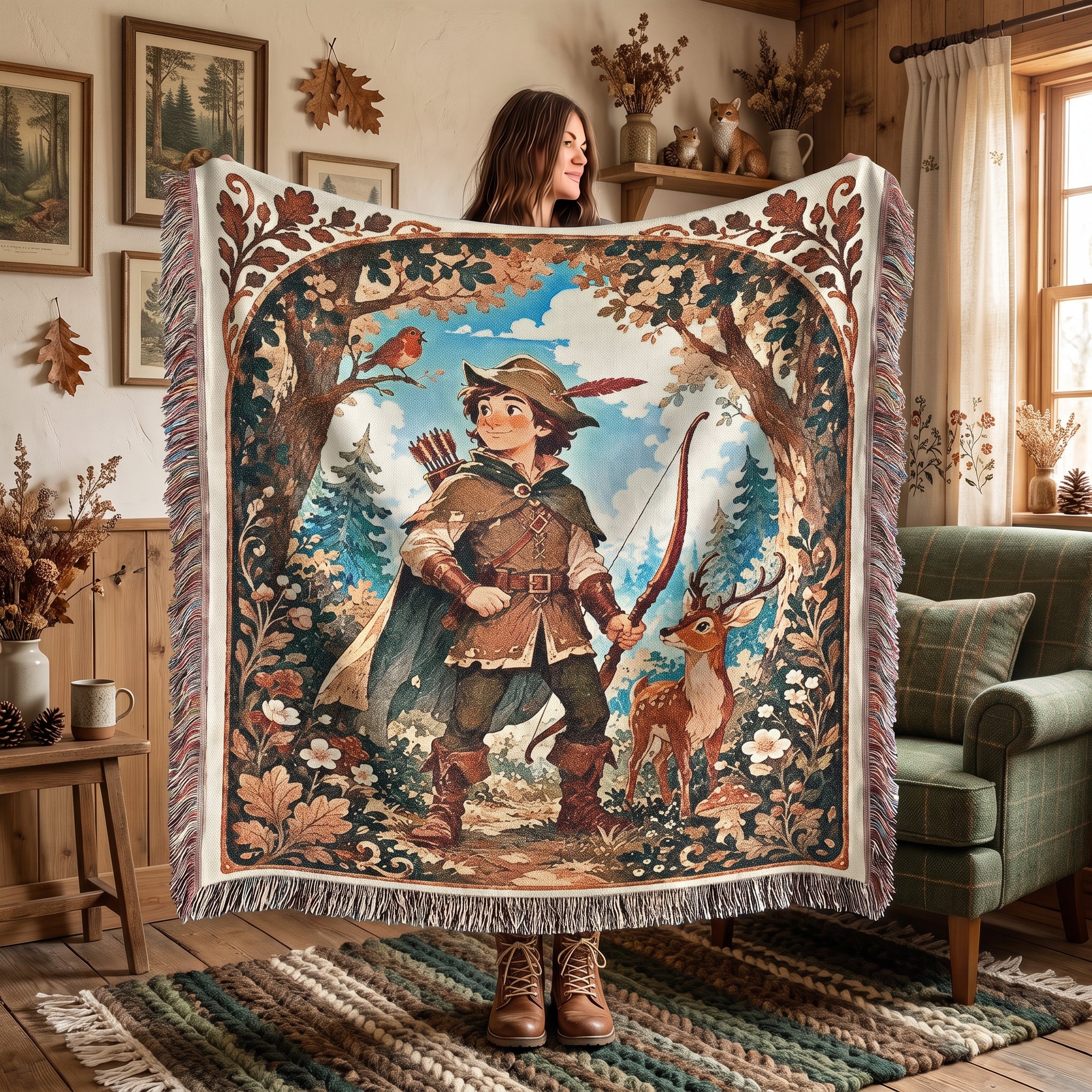 Robin Hood Woodland Woven Blanket – Storybook Forest Fantasy Throw