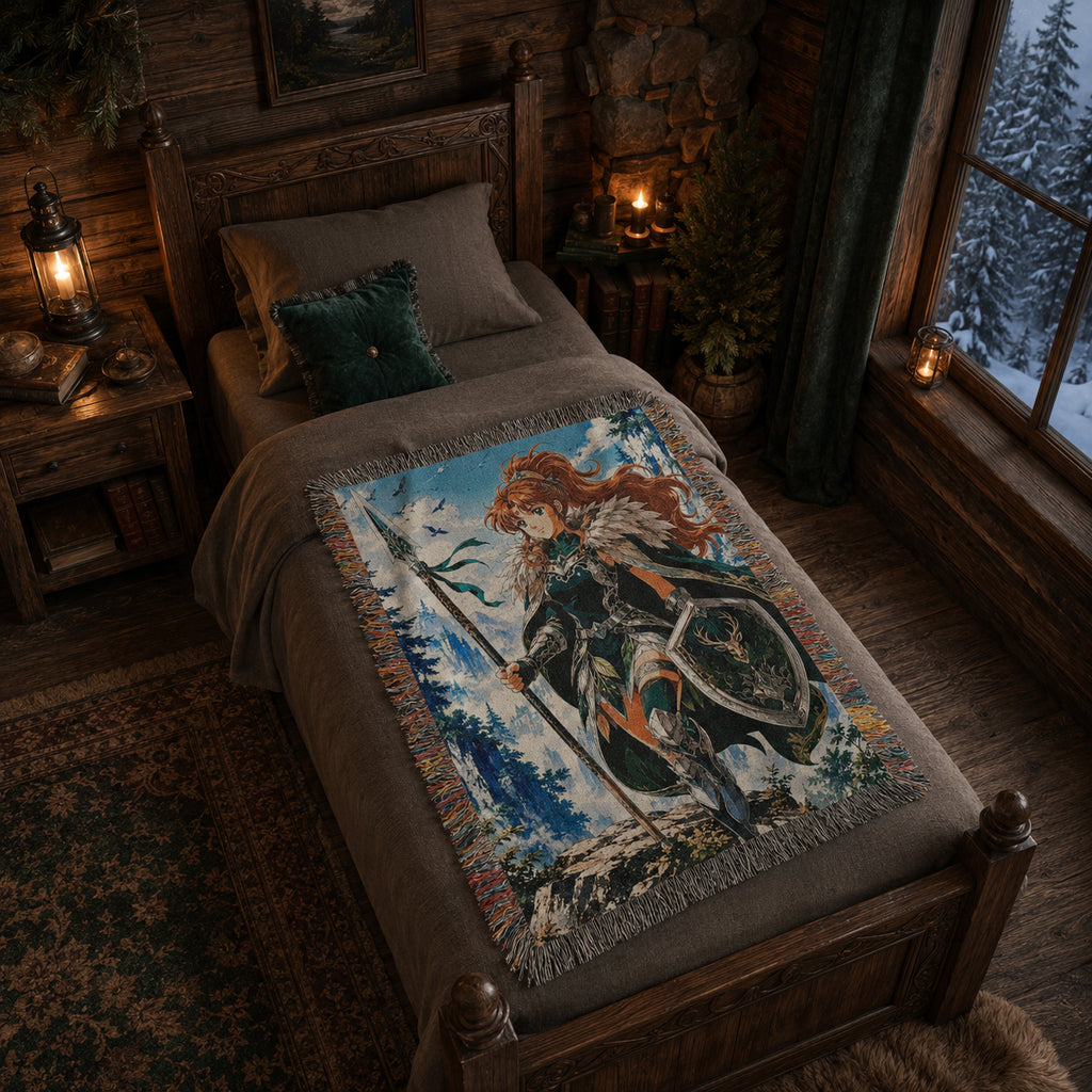 Anime Warrior Girl Woven Blanket – Winter Fantasy Knight Throw