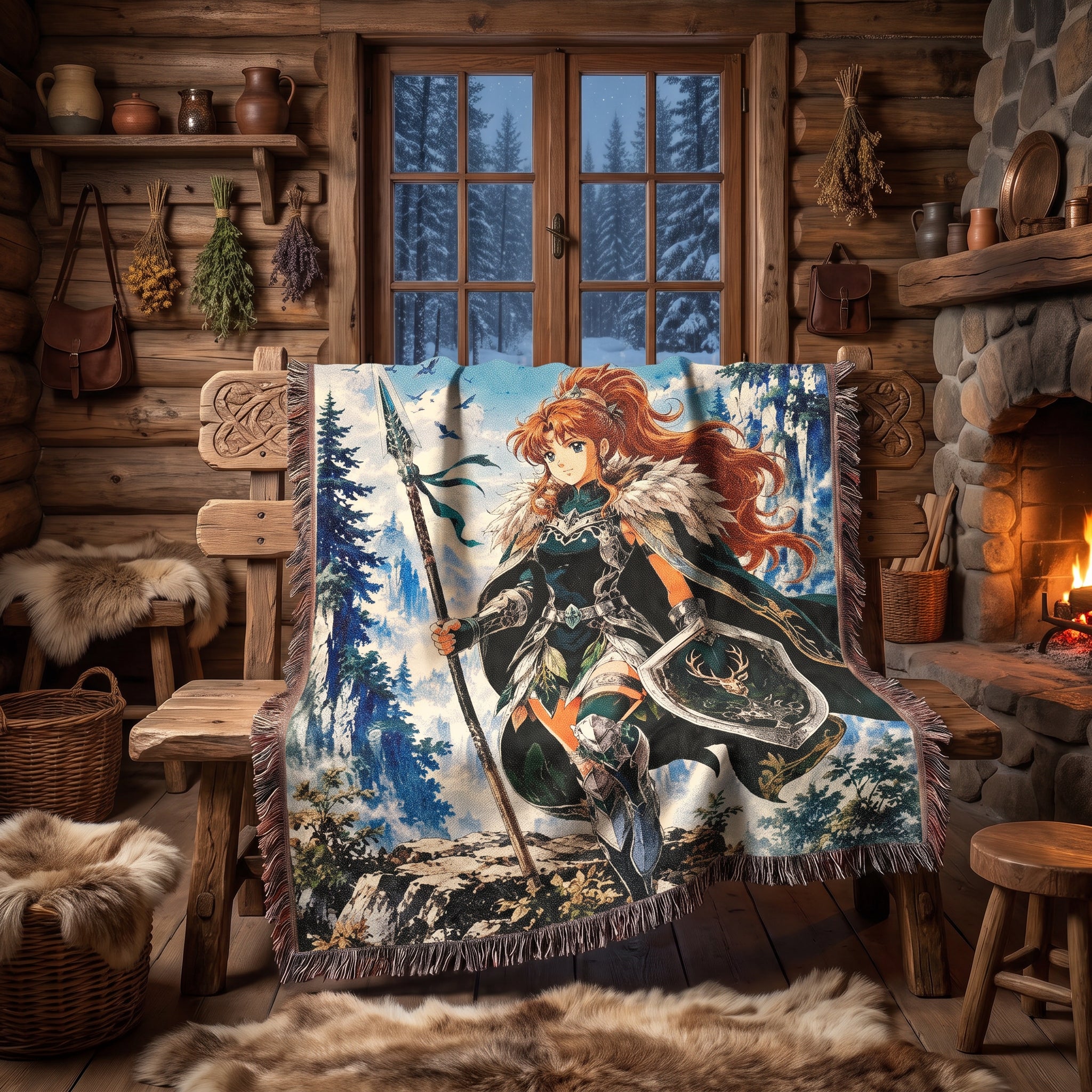 Anime Warrior Girl Woven Blanket – Winter Fantasy Knight Throw