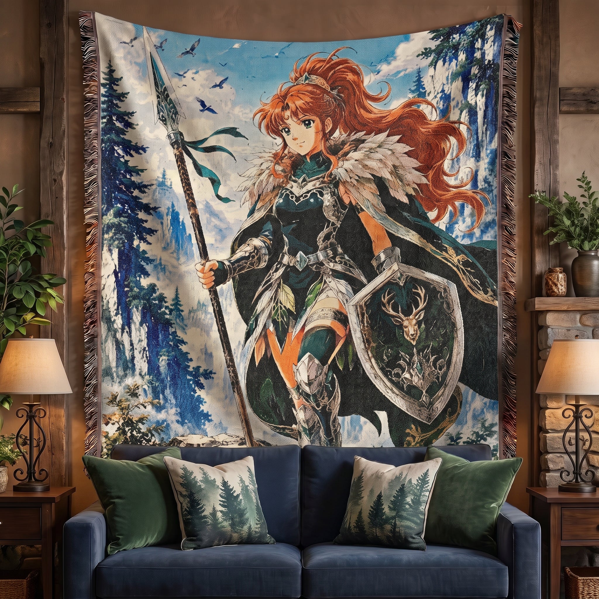 Anime Warrior Girl Woven Blanket – Winter Fantasy Knight Throw