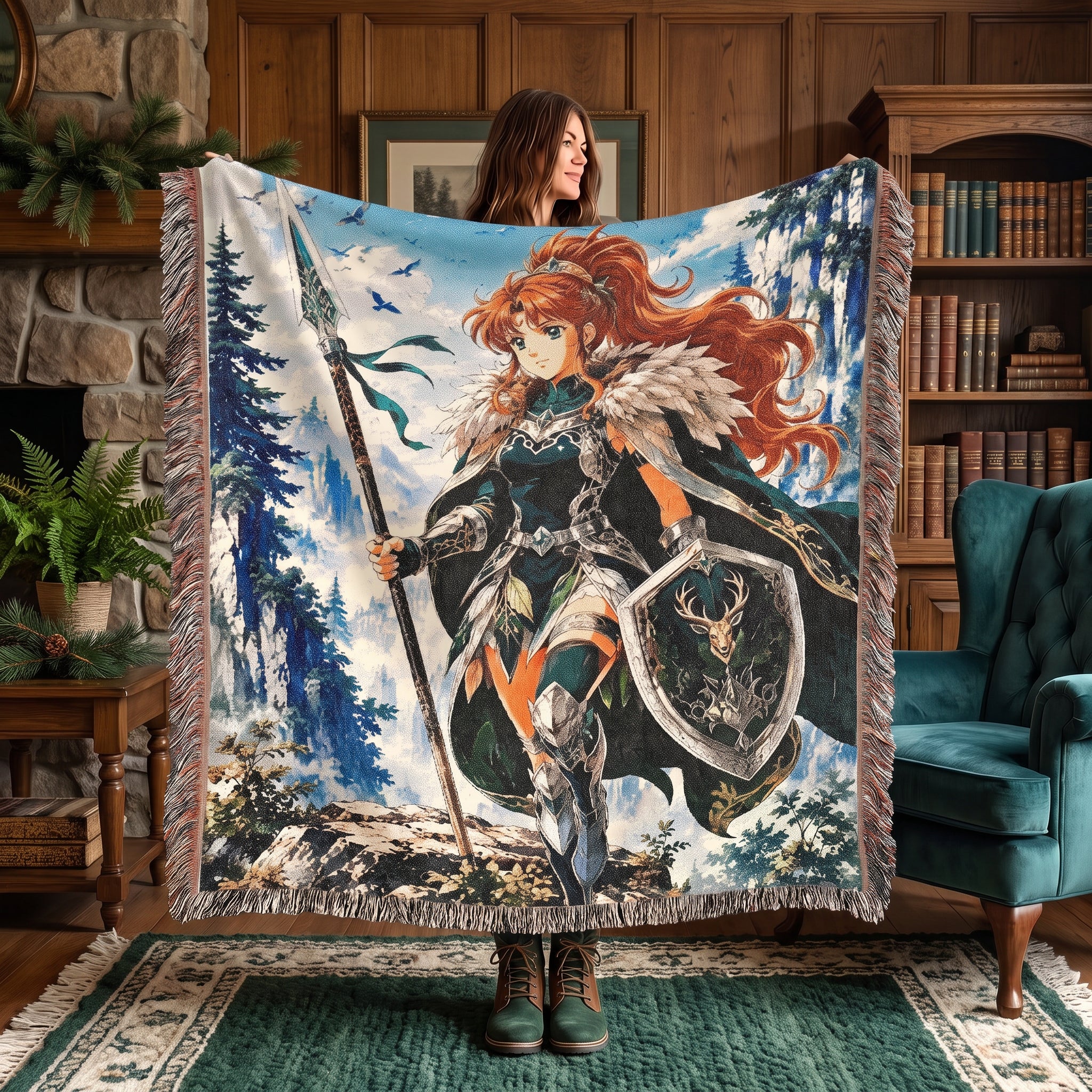 Anime Warrior Girl Woven Blanket – Winter Fantasy Knight Throw