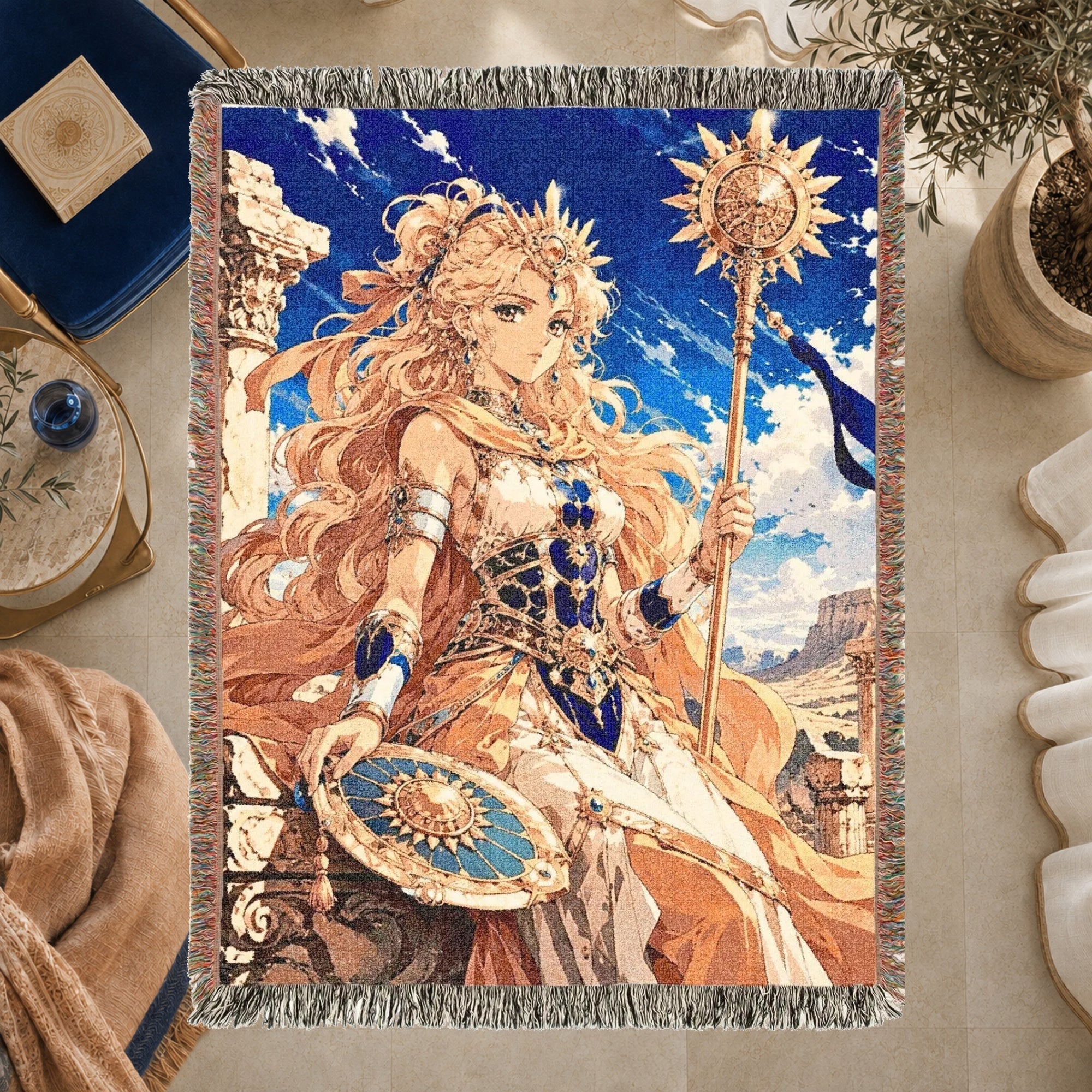 Anime Warrior Princess Woven Blanket – Celestial Sun Fantasy Throw