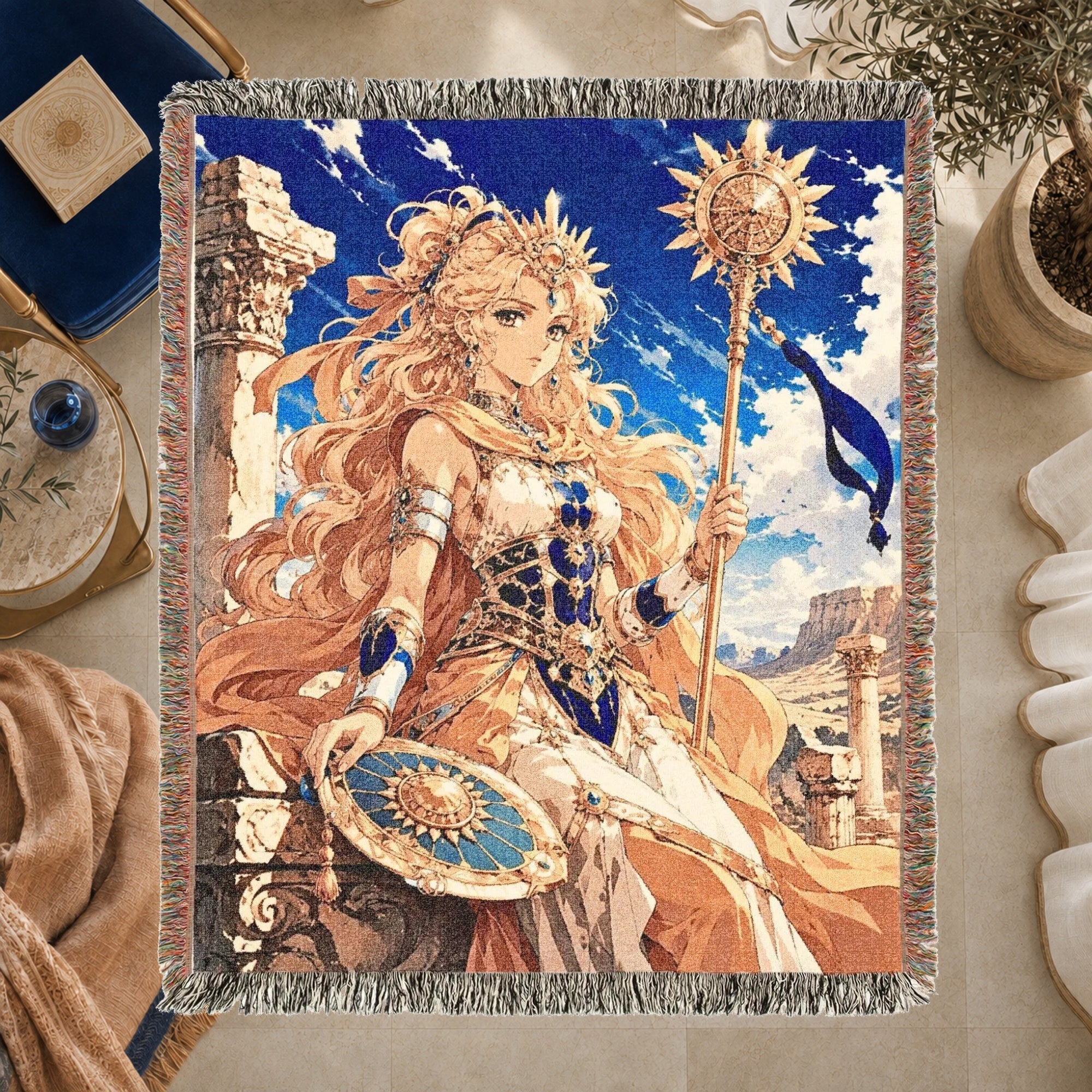 Anime Warrior Princess Woven Blanket – Celestial Sun Fantasy Throw