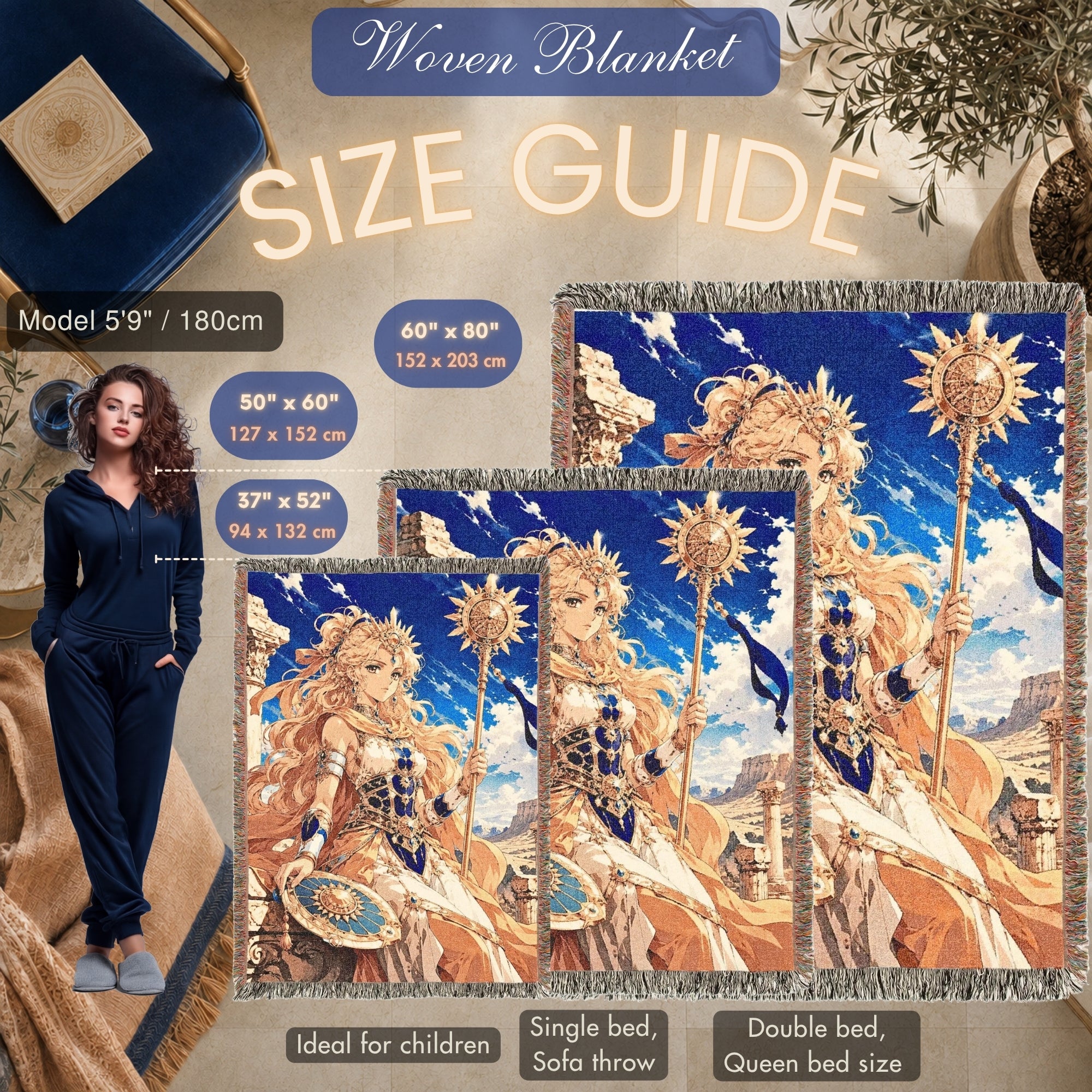 Anime Warrior Princess Woven Blanket – Celestial Sun Fantasy Throw