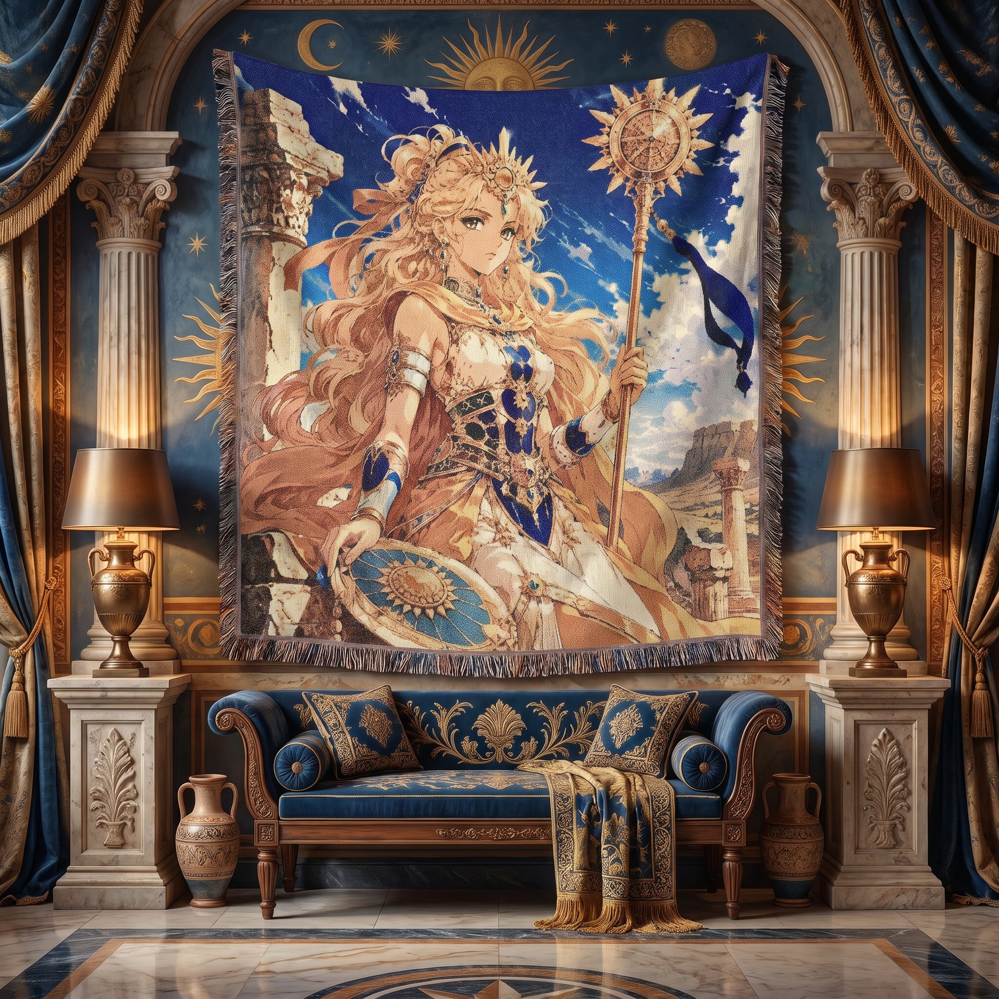 Anime Warrior Princess Woven Blanket – Celestial Sun Fantasy Throw