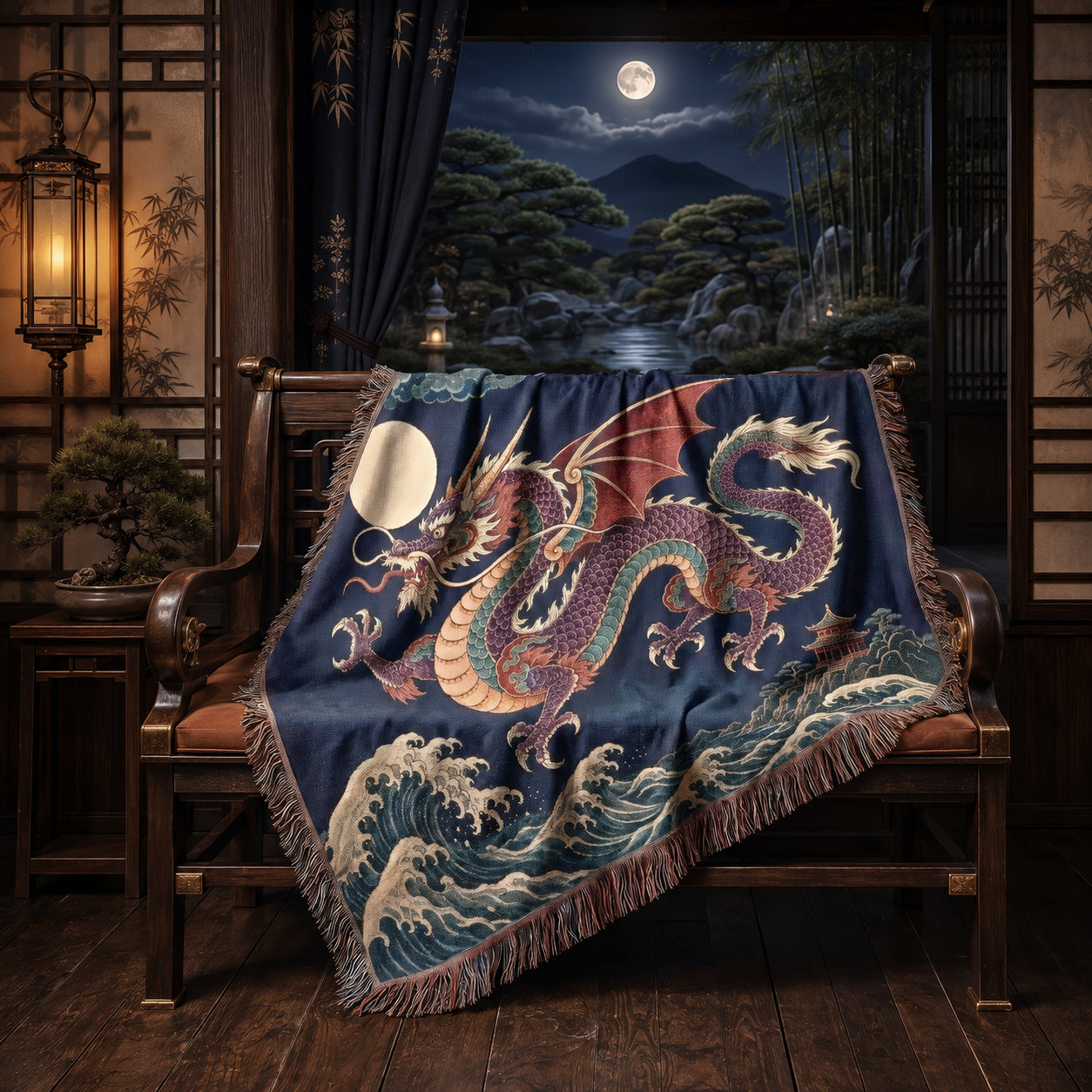 Moonlit Dragon Woven Blanket – Asian Fantasy Tapestry Throw