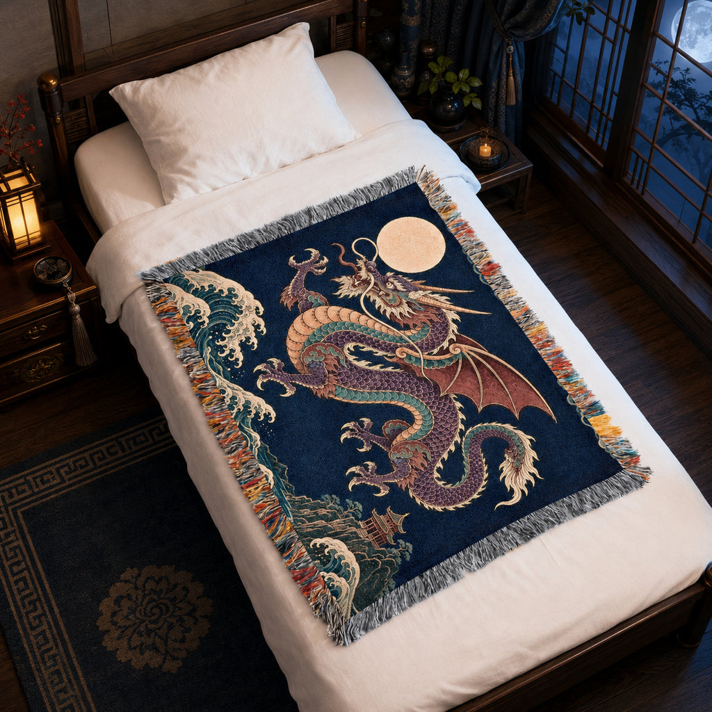 Moonlit Dragon Woven Blanket – Asian Fantasy Tapestry Throw